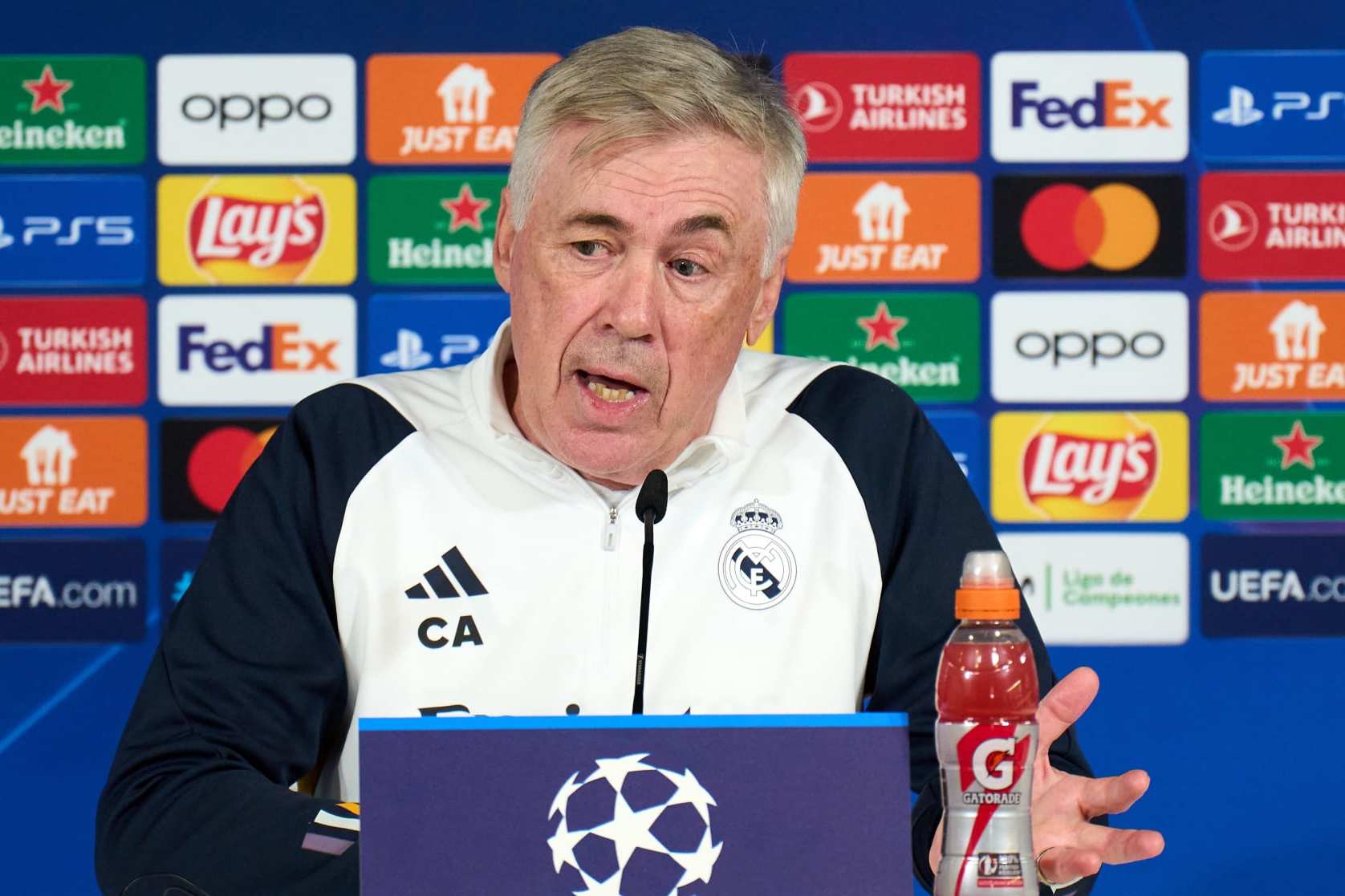 MADRID, SPAIN - MARCH 05: Head coach Carlo Ancelotti of Real Madrid speaks to the media during a press conference following the training session ahead of the UEFA Champions League match between Real Madrid and RB Leipzig, at Valdebebas training ground on March 05, 2024 in Madrid, Spain. (Photo by Angel Martinez/Getty Images)