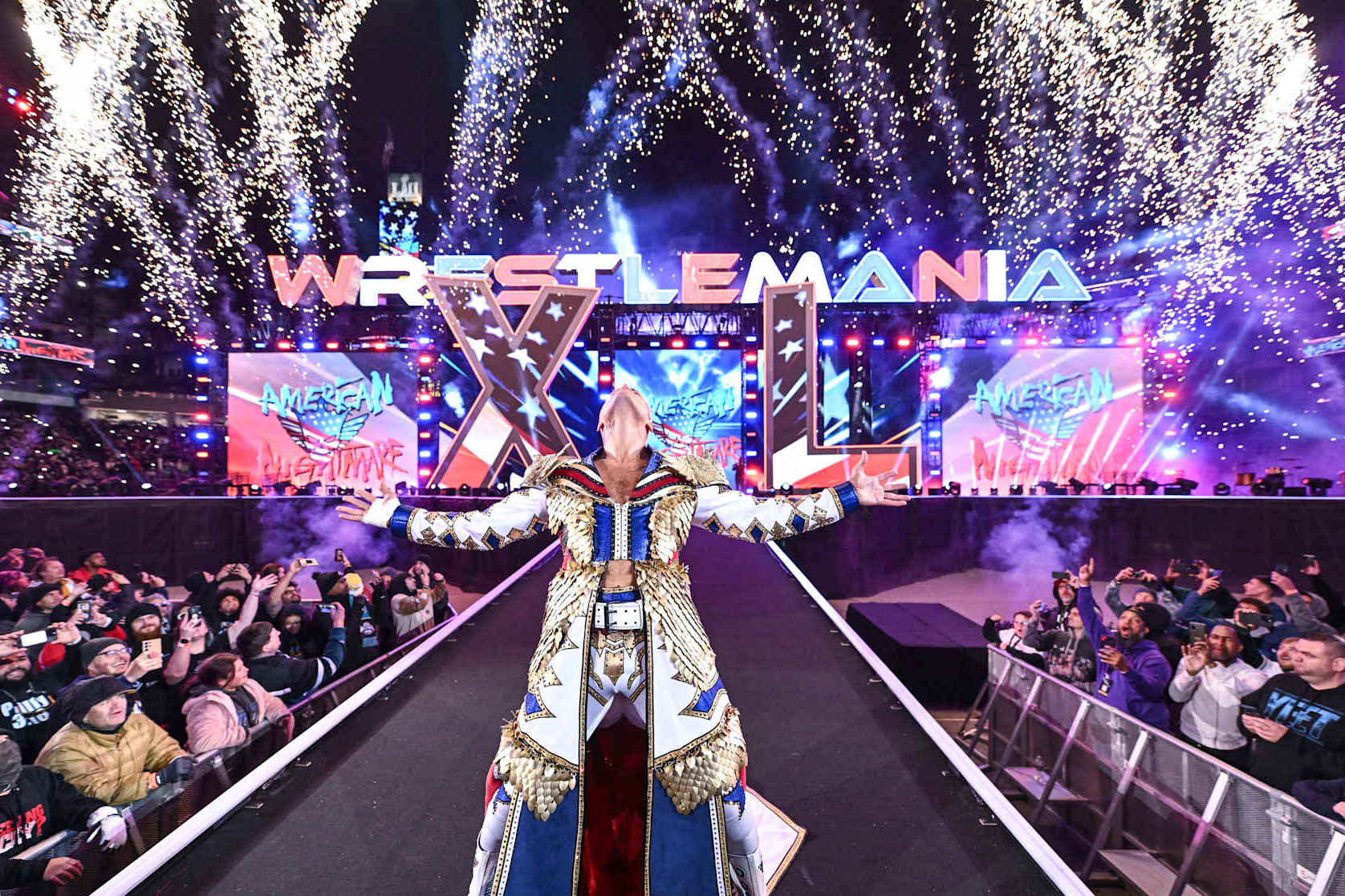 PHILADELPHIA, PENNSYLVANIA - APRIL 7: Cody Rhodes enters the ring during Night Two of WrestleMania 40 at Lincoln Financial Field on April 7, 2024 in Philadelphia, Pennsylvania. (Photo by WWE/Getty Images)