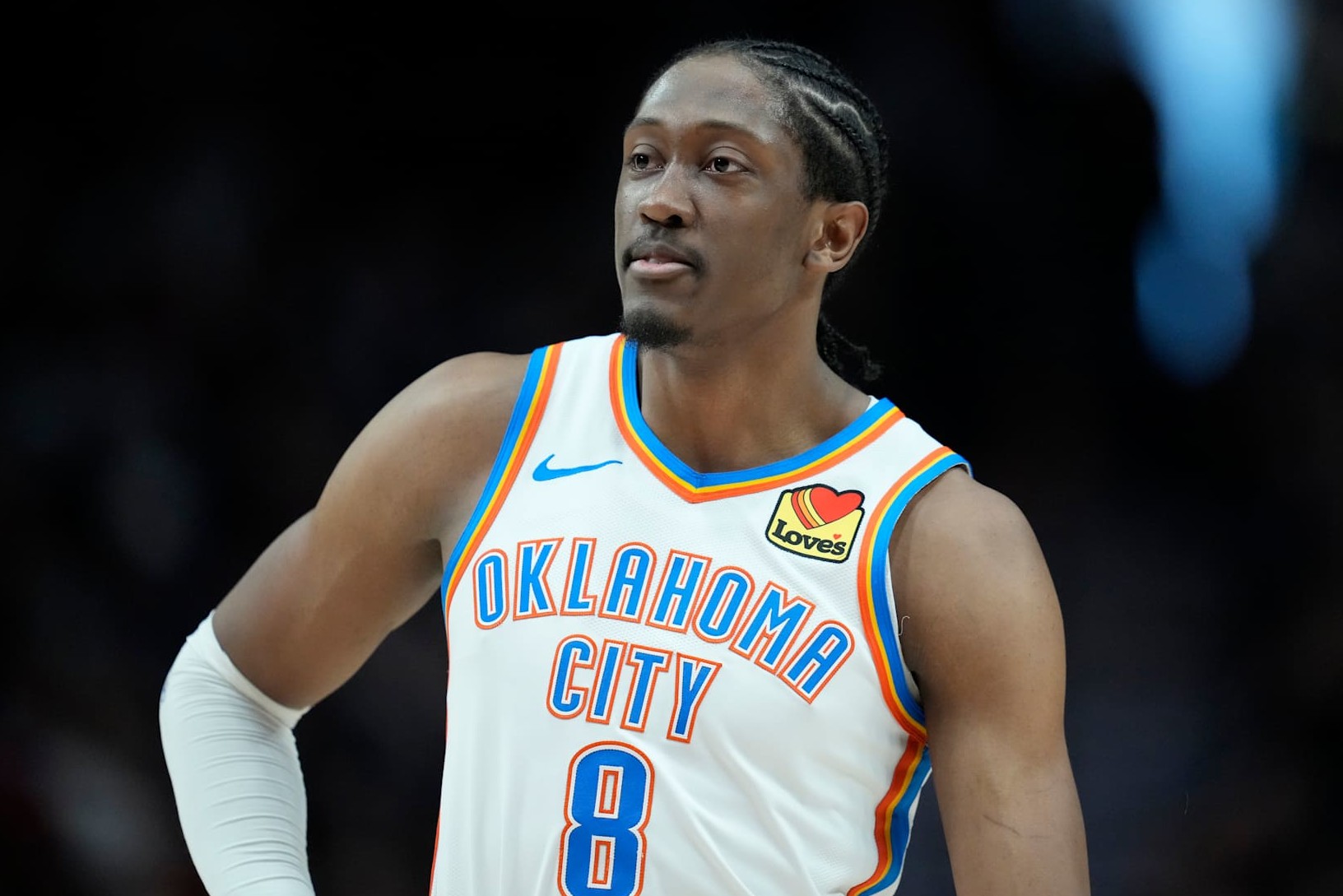 PORTLAND, OREGON - JANUARY 26: Jalen Williams #8 of the Oklahoma City Thunder looks on during the first half against the Portland Trail Blazers at Moda Center on January 26, 2025 in Portland, Oregon. NOTE TO USER: User expressly acknowledges and agrees that, by downloading and or using this photograph, User is consenting to the terms and conditions of the Getty Images License Agreement. (Photo by Soobum Im/Getty Images)
