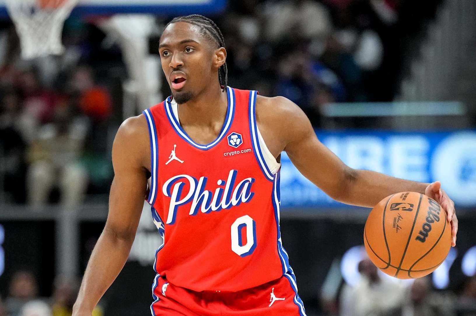 DETROIT, MICHIGAN - FEBRUARY 07: Tyrese Maxey #0 of the Philadelphia 76ers handles the ball against the Detroit Pistons at Little Caesars Arena on February 07, 2025 in Detroit, Michigan. NOTE TO USER: User expressly acknowledges and agrees that, by downloading and or using this photograph, User is consenting to the terms and conditions of the Getty Images License Agreement. (Photo by Nic Antaya/Getty Images)