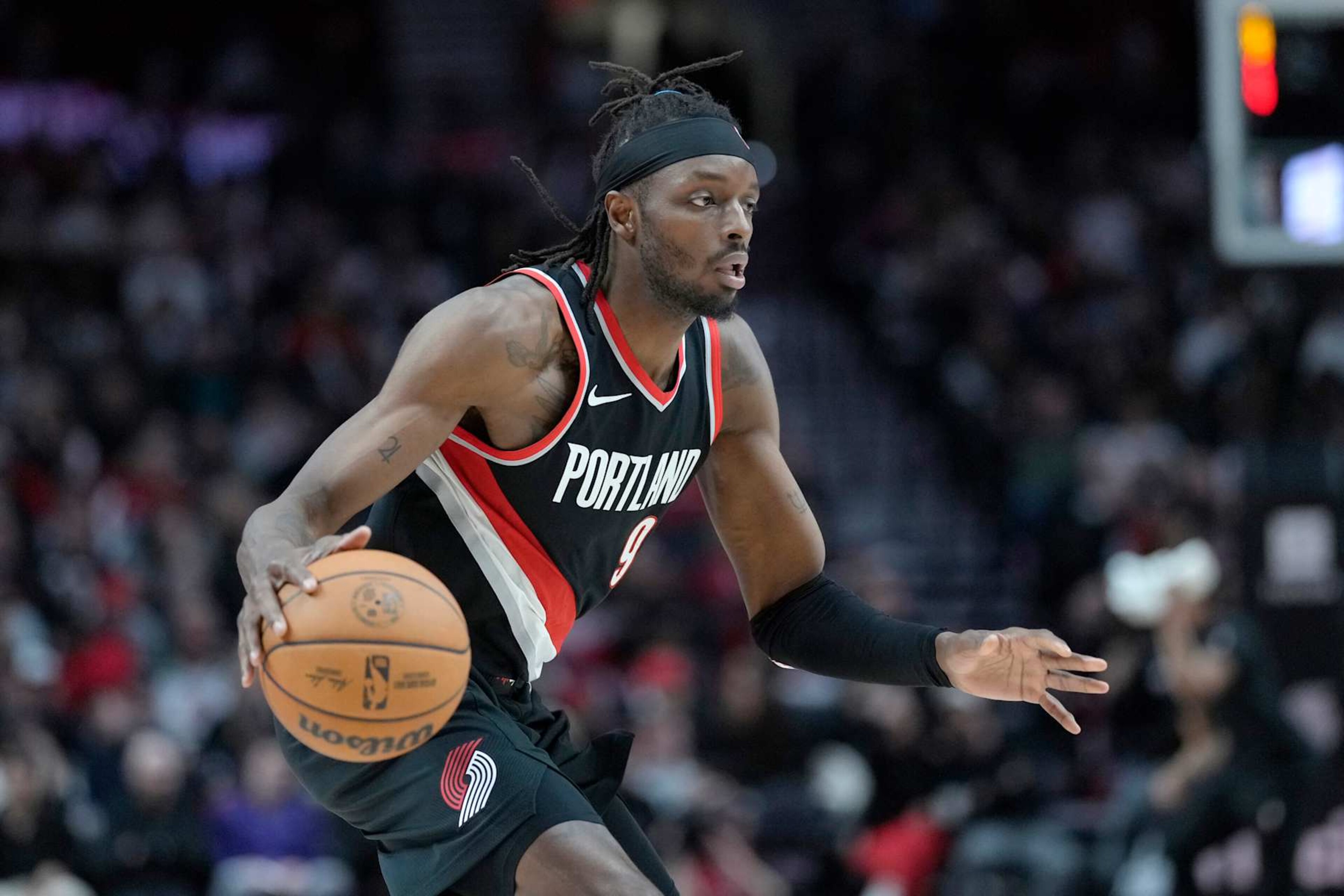 PORTLAND, OREGON - FEBRUARY 25: Jerami Grant #9 of the Portland Trail Blazers controls the ball during the second half against the Charlotte Hornets at Moda Center on February 25, 2024 in Portland, Oregon. NOTE TO USER: User expressly acknowledges and agrees that, by downloading and or using this photograph, User is consenting to the terms and conditions of the Getty Images License Agreement. (Photo by Soobum Im/Getty Images) PORTLAND, OREGON - FEBRUARY 25: Jerami Grant #9 of the Portland Trail Blazers controls the ball during the second half against the Charlotte Hornets at Moda Center on February 25, 2024 in Portland, Oregon. NOTE TO USER: User expressly acknowledges and agrees that, by downloading and or using this photograph, User is consenting to the terms and conditions of the Getty Images License Agreement. (Photo by Soobum Im/Getty Images)
