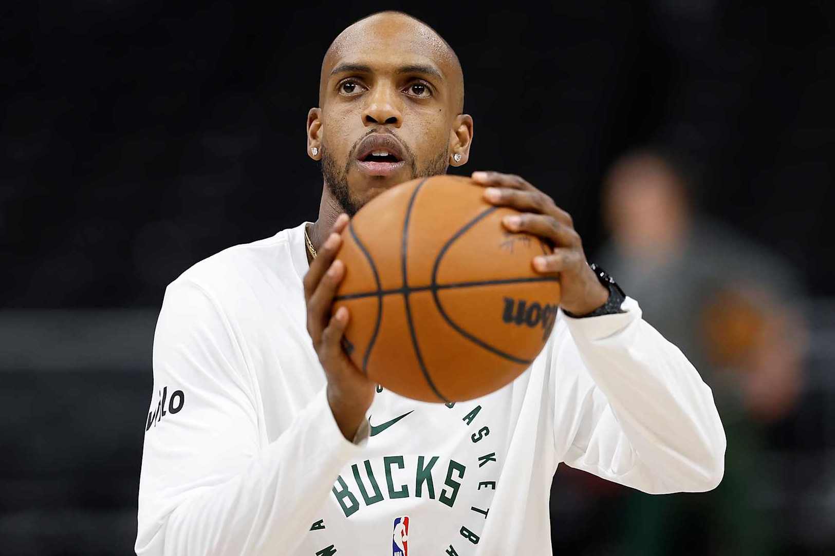 MILWAUKEE, WISCONSIN - JANUARY 04: Khris Middleton #22 of the Milwaukee Bucks works out before the game against the Portland Trail Blazers at Fiserv Forum on January 04, 2025 in Milwaukee, Wisconsin. NOTE TO USER: User expressly acknowledges and agrees that, by downloading and or using this photograph, User is consenting to the terms and conditions of the Getty Images License Agreement. (Photo by John Fisher/Getty Images)