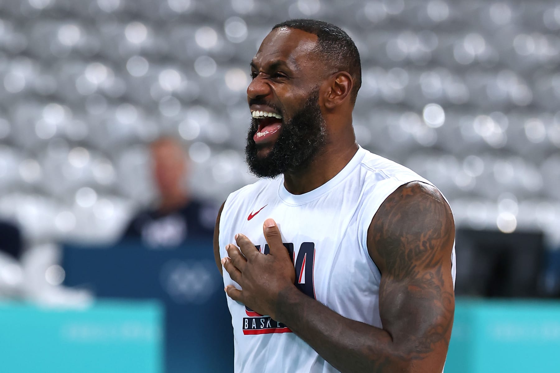 LILLE, FRANCE - JULY 24: LeBron James of Team United States reacts during the Basketball training session ahead of the Paris 2024 Olympic Games on July 24, 2024 in Lille, France. (Photo by Gregory Shamus/Getty Images)