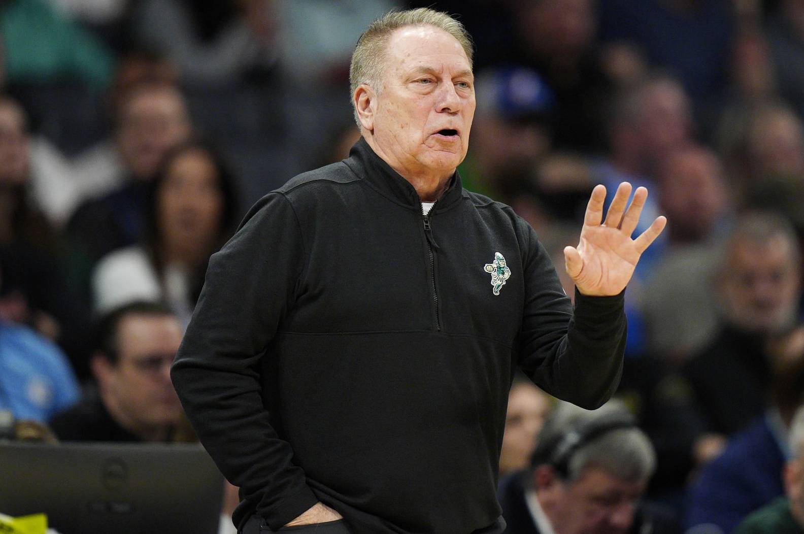 CHARLOTTE, NORTH CAROLINA - MARCH 21: Head coach Tom Izzo of the Michigan State Spartans reacts against the Mississippi State Bulldogs during the first half in the first round of the NCAA Men's Basketball Tournament at Spectrum Center on March 21, 2024 in Charlotte, North Carolina. (Photo by Jacob Kupferman/Getty Images)