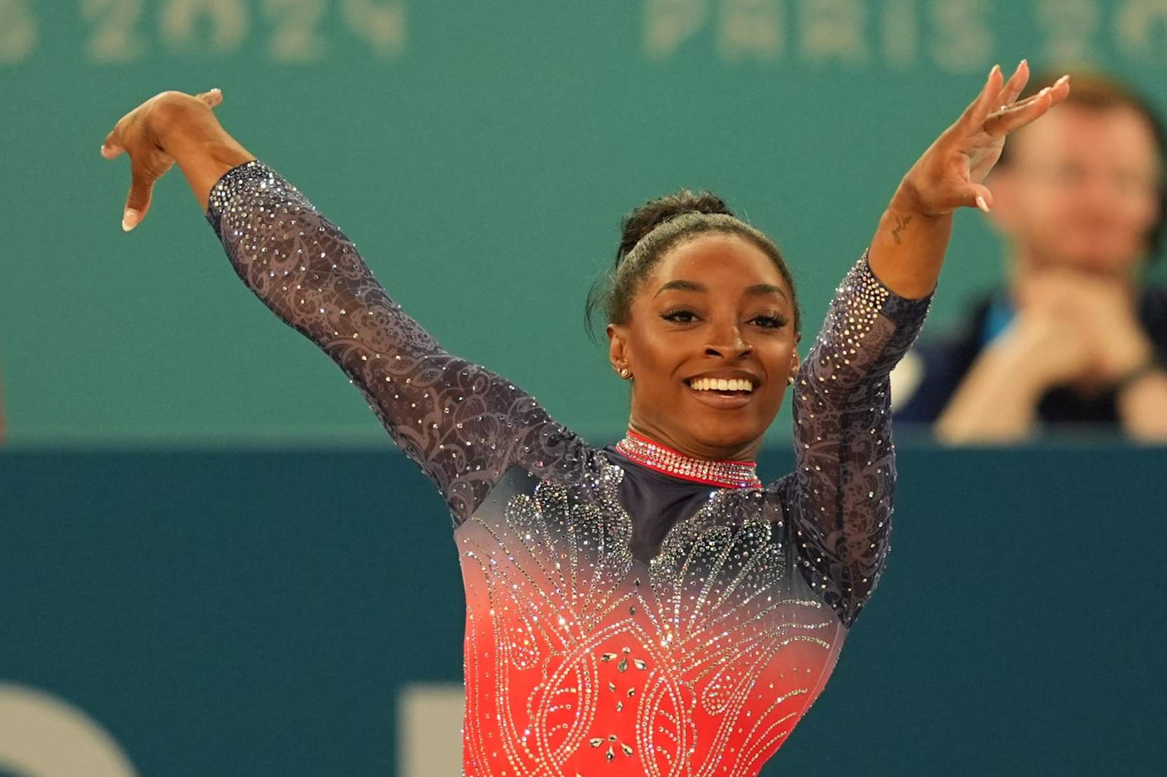 Simone Biles of USA competes during the Women's Artistic Gymnastics floor final on Day 10 of the Olympic Games Paris 2024 at Bercy Arena on August 5, 2024 in Paris, France. (Photo by Ulrik Pedersen/DeFodi Images via Getty Images)