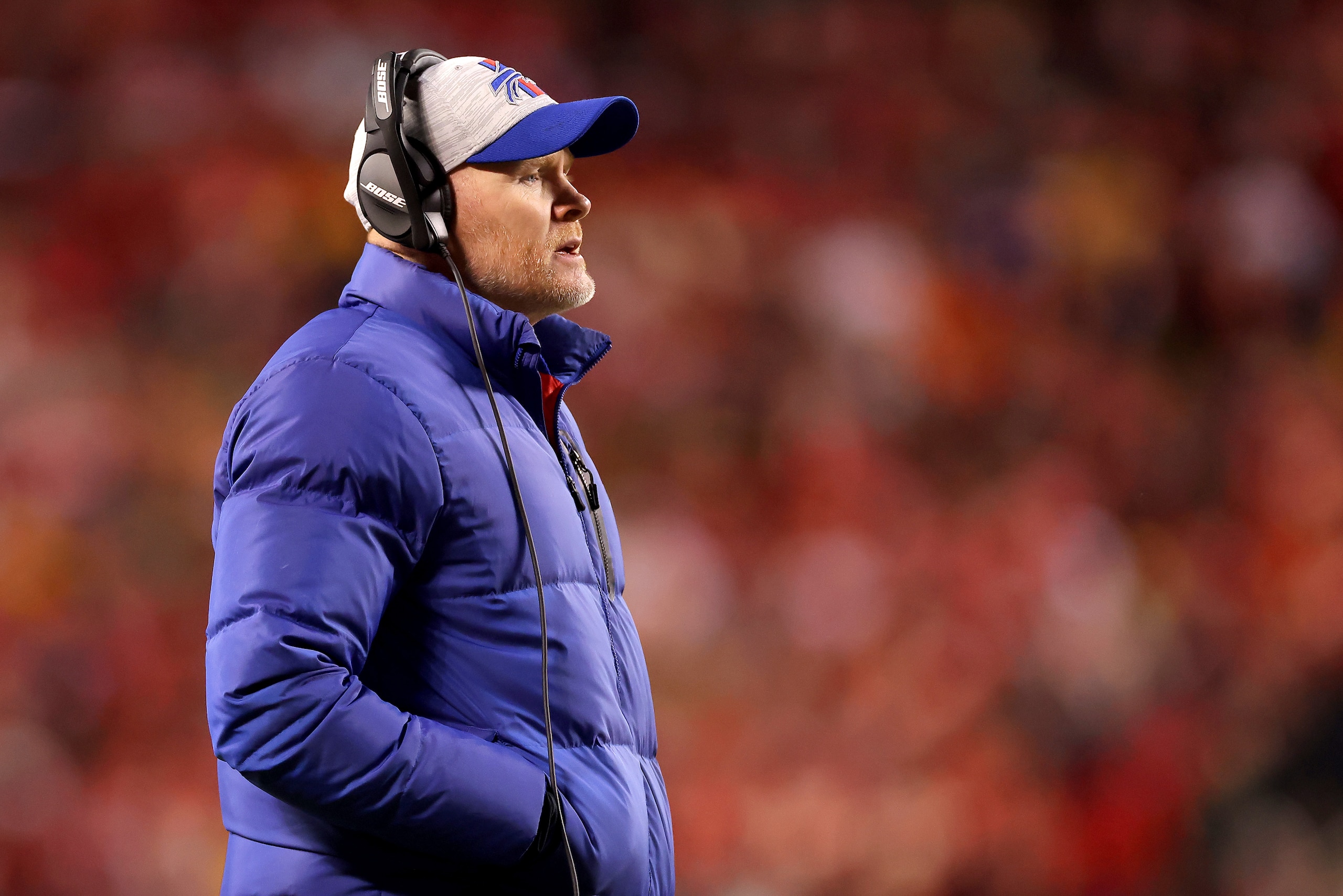 KANSAS CITY, MISSOURI - JANUARY 23: Head coach Sean McDermott of the Buffalo Bills looks on against the Kansas City Chiefs in the AFC Divisional Playoff game at Arrowhead Stadium on January 23, 2022 in Kansas City, Missouri. (Photo by David Eulitt/Getty Images)
