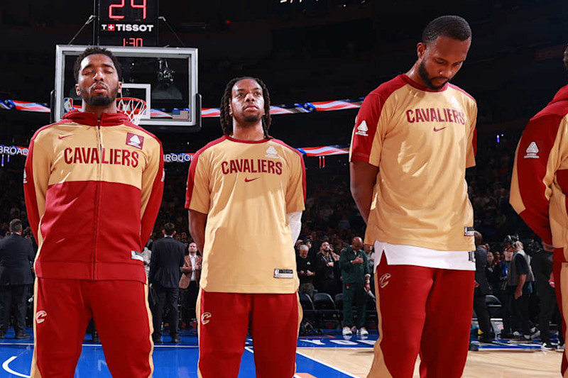 NEW YORK, NY - OCTOBER 28: The Cleveland Cavaliers stand up for the National Anthem before the game against the New York Knicks on October 28, 2024 at Madison Square Garden in New York City, New York. NOTE TO USER: User expressly acknowledges and agrees that, by downloading and or using this photograph, User is consenting to the terms and conditions of the Getty Images License Agreement. Mandatory Copyright Notice: Copyright 2024 NBAE (Photo by Nathaniel S. Butler/NBAE via Getty Images)