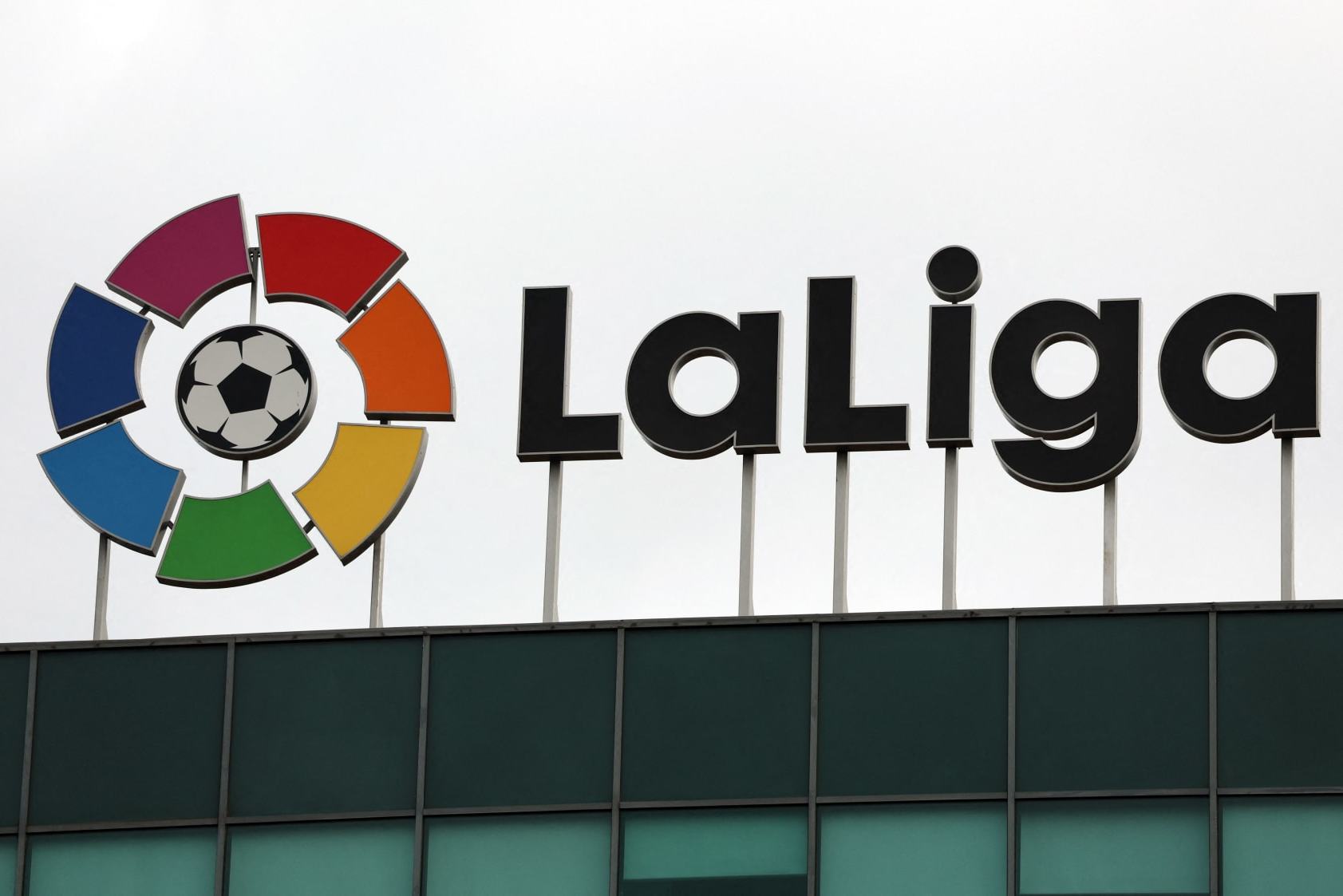 The logo of La Liga football association is seen ontop of its headquarters in Madrid on December 20, 2022. - La Liga private sports association, composed of 42 clubs and SADs (public limited sports companies), is responsible for the organisation of the LaLiga Santander and LaLiga SmartBank national professional football competitions. (Photo by Thomas COEX / AFP) (Photo by THOMAS COEX/AFP via Getty Images)