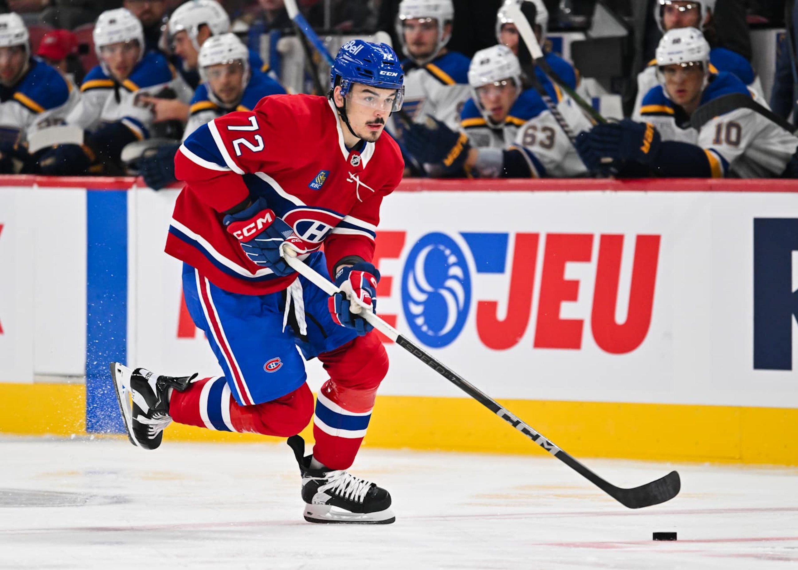 MONTREAL, CANADA - OCTOBER 26:  Arber Xhekaj #72 of the Montreal Canadiens skates the puck during the second period against the St. Louis Blues at the Bell Centre on October 26, 2024 in Montreal, Quebec, Canada.  The Montreal Canadiens defeated the St. Louis Blues 5-2.  (Photo by Minas Panagiotakis/Getty Images)