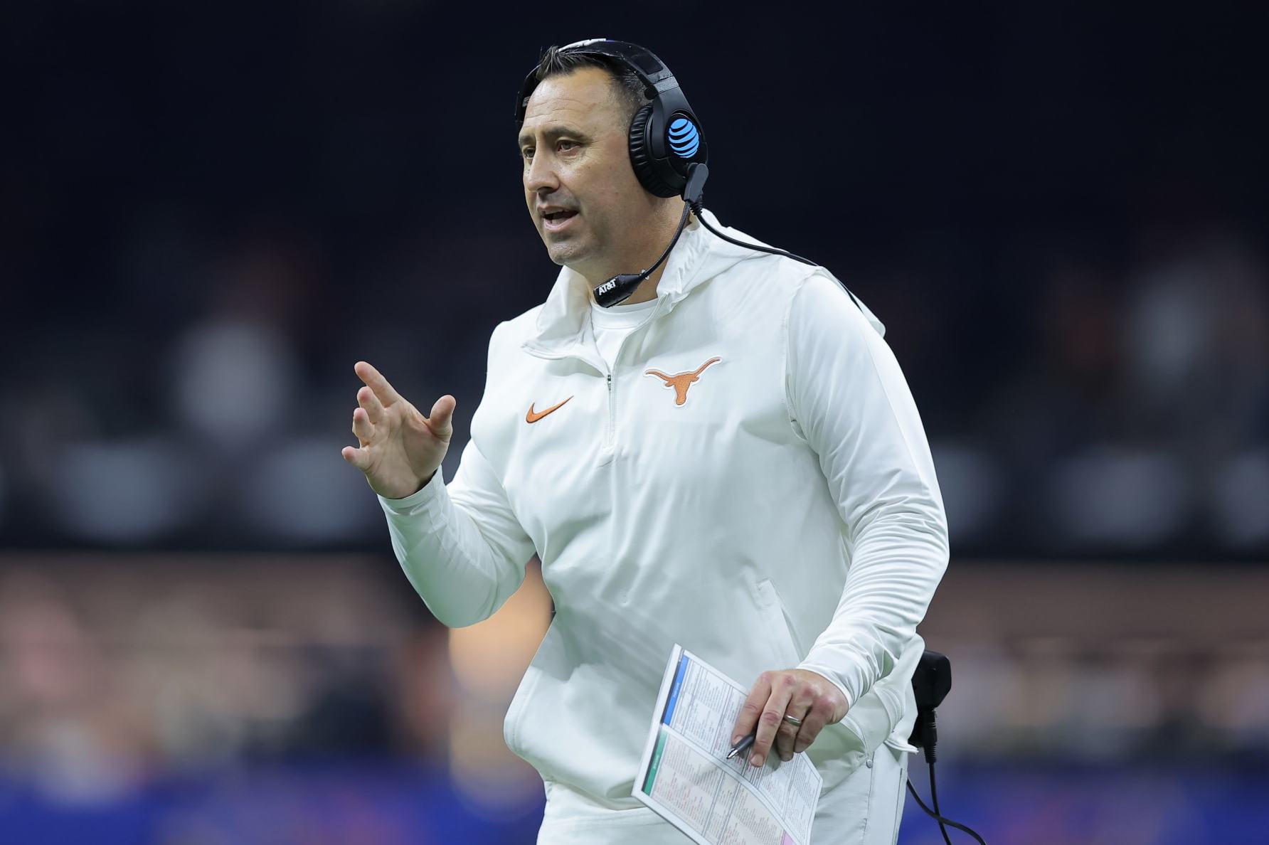 NEW ORLEANS, LOUISIANA - JANUARY 01: Head coach Steve Sarkisian of the Texas Longhorns reacts during the second quarter against the Washington Huskies during the CFP Semifinal Allstate Sugar Bowl at Caesars Superdome on January 01, 2024 in New Orleans, Louisiana. (Photo by Jonathan Bachman/Getty Images)