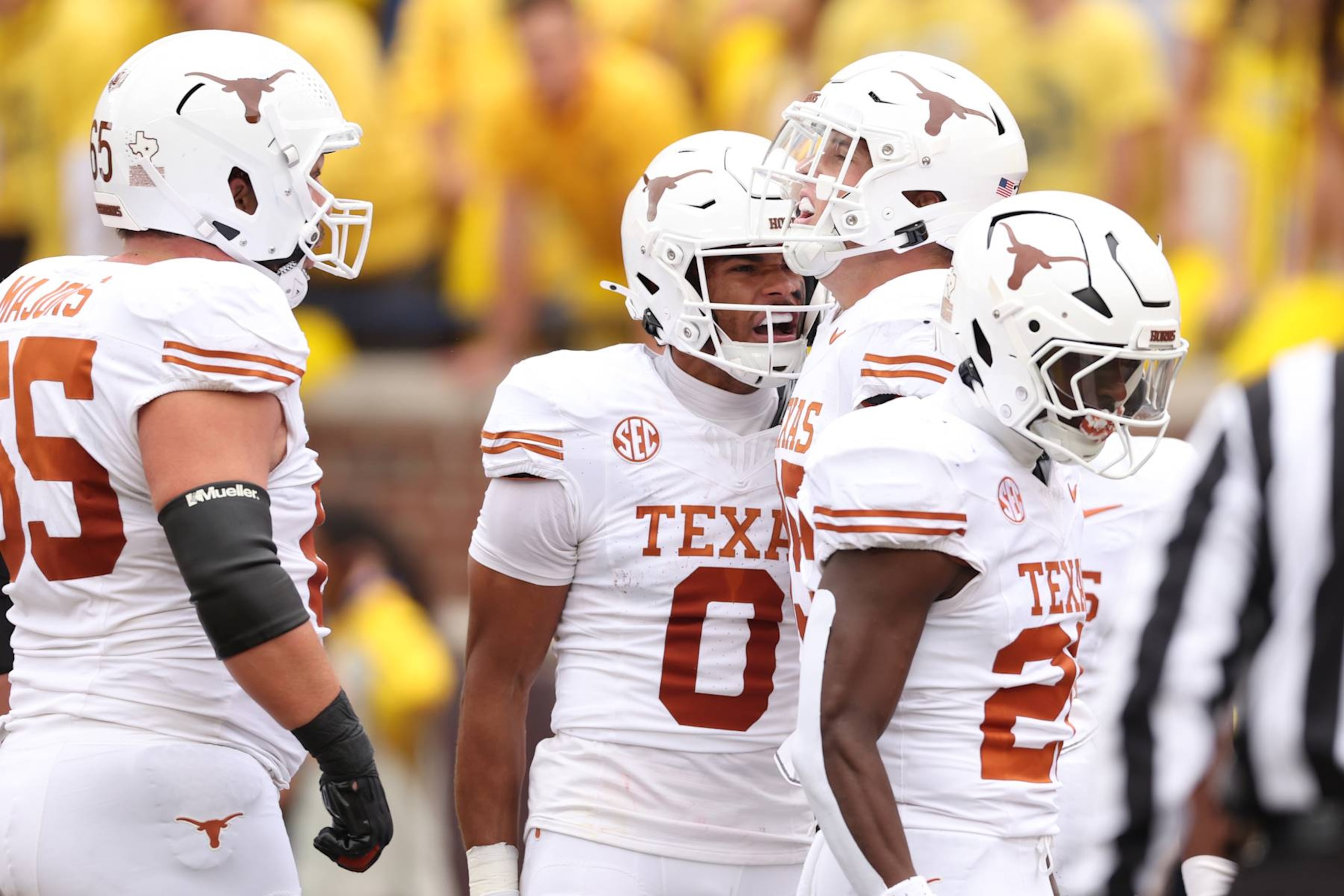 ANN ARBOR, MICHIGAN - SEPTEMBER 07: Gunnar Helm #85 of the Texas Longhorns celebrates after a touchdown during the first quarter against the Michigan Wolverines at Michigan Stadium on September 07, 2024 in Ann Arbor, Michigan. (Photo by Gregory Shamus/Getty Images) ANN ARBOR, MICHIGAN - SEPTEMBER 07: Gunnar Helm #85 of the Texas Longhorns celebrates after a touchdown during the first quarter against the Michigan Wolverines at Michigan Stadium on September 07, 2024 in Ann Arbor, Michigan. (Photo by Gregory Shamus/Getty Images)