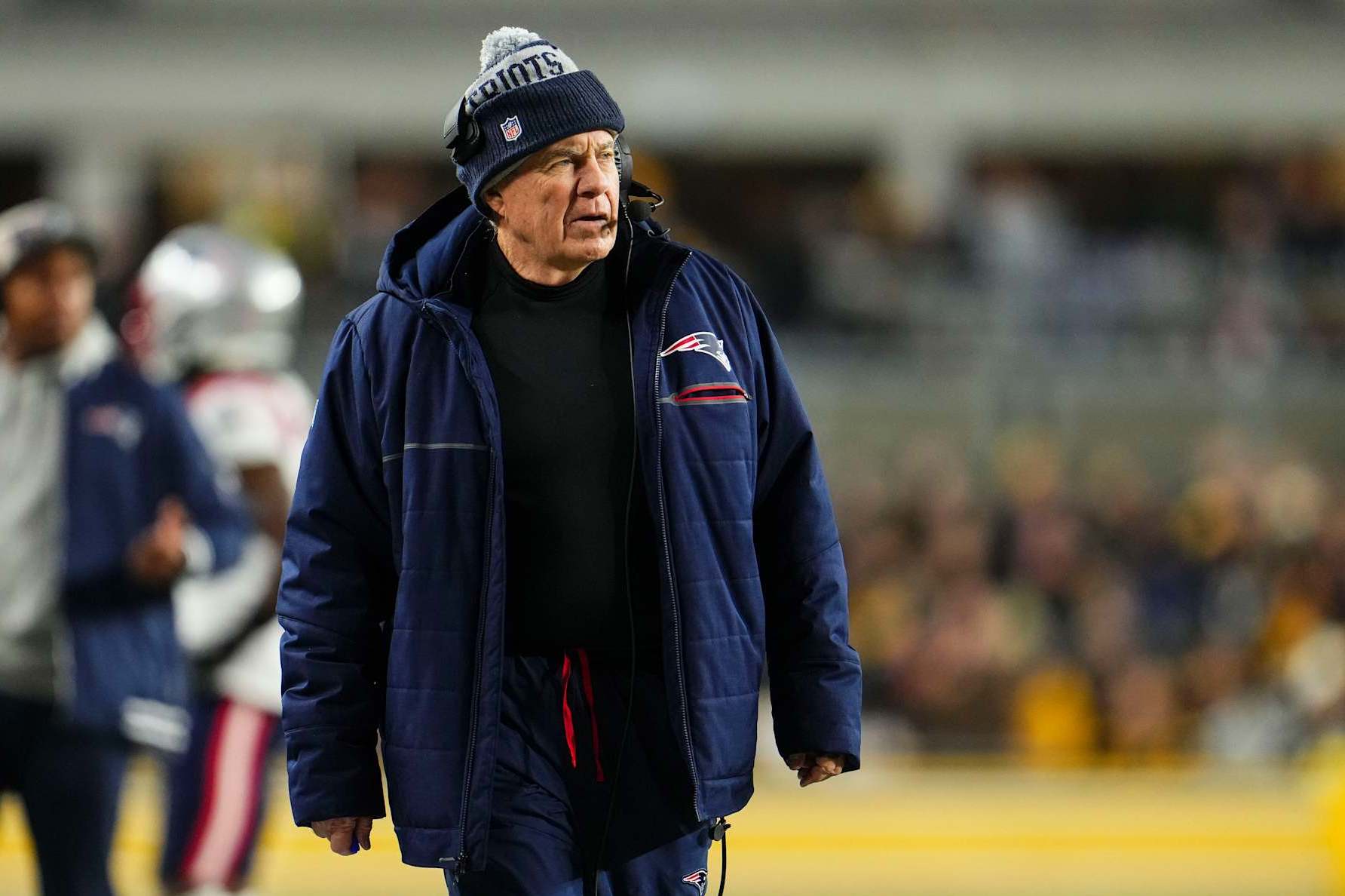 PITTSBURGH, PA - DECEMBER 07: New England Patriots head coach Bill Belichick looks on from the sideline during an NFL football game against the Pittsburgh Steelers at Acrisure Stadium on December 7, 2023 in Pittsburgh, Pennsylvania. (Photo by Cooper Neill/Getty Images)