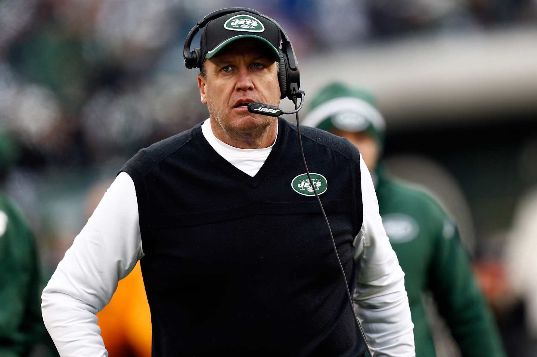 EAST RUTHERFORD, NJ - DECEMBER 21:  Head coach Rex Ryan of the New York Jets looks on prior to a game against the New England Patriots at MetLife Stadium on December 21, 2014 in East Rutherford, New Jersey.  (Photo by Jeff Zelevansky/Getty Images)