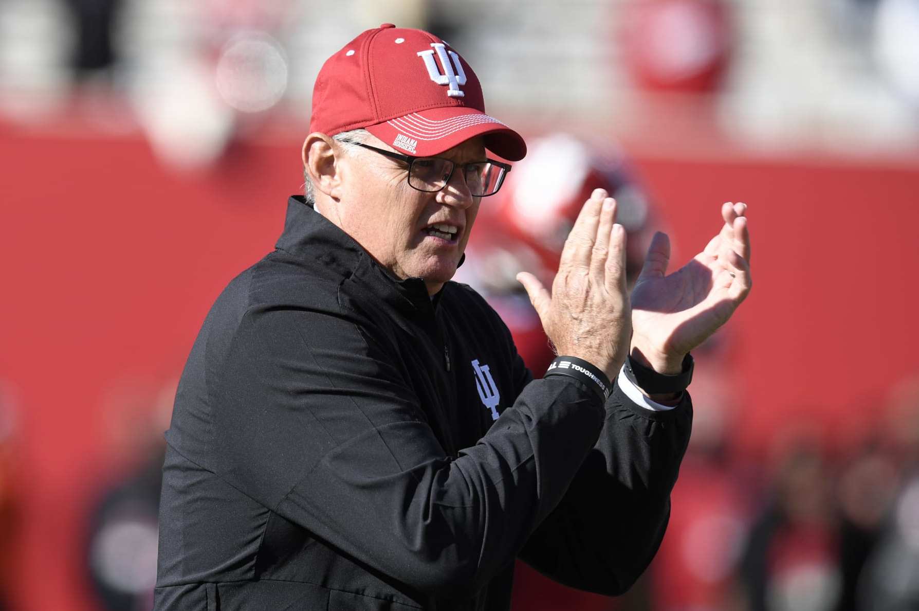 BLOOMINGTON, IN - NOVEMBER 18: Indiana Hoosiers head coach Tom Allen claps before the college football game between the Michigan State Spartans and the Indiana Hoosiers on November 18, 2023, at Memorial Stadium in Bloomington, Indiana. (Photo by Michael Allio/Icon Sportswire via Getty Images)