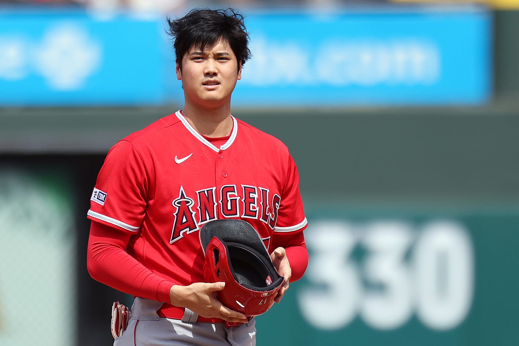 PHILADELPHIA, PENNSYLVANIA - AUGUST 30: Shohei Ohtani #17 of the Los Angeles Angels looks on during the fifth inning against the Philadelphia Phillies at Citizens Bank Park on August 30, 2023 in Philadelphia, Pennsylvania. (Photo by Tim Nwachukwu/Getty Images)