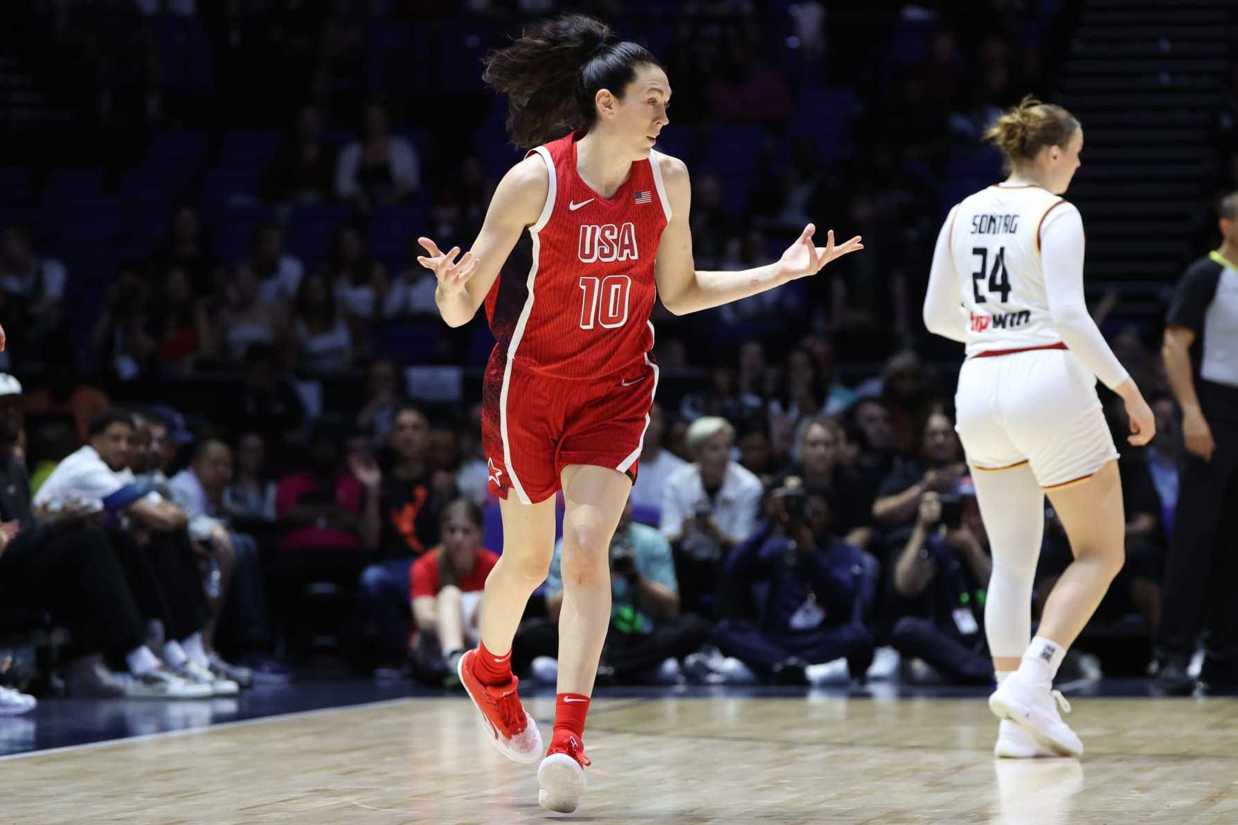 LONDON, ENGLAND - JULY 23: Breanna Stewart #10 of Team USA looks on during the game against Team Germany as part of the 2024 USA Basketball Showcase on July 23, 2024 in London, England at O2 Arena. NOTE TO USER: User expressly acknowledges and agrees that, by downloading and/or using this photograph, user is consenting to the terms and conditions of the Getty Images License Agreement. Mandatory Copyright Notice: Copyright 2024 NBAE (Photo by Joe Murphy/NBAE via Getty Images)