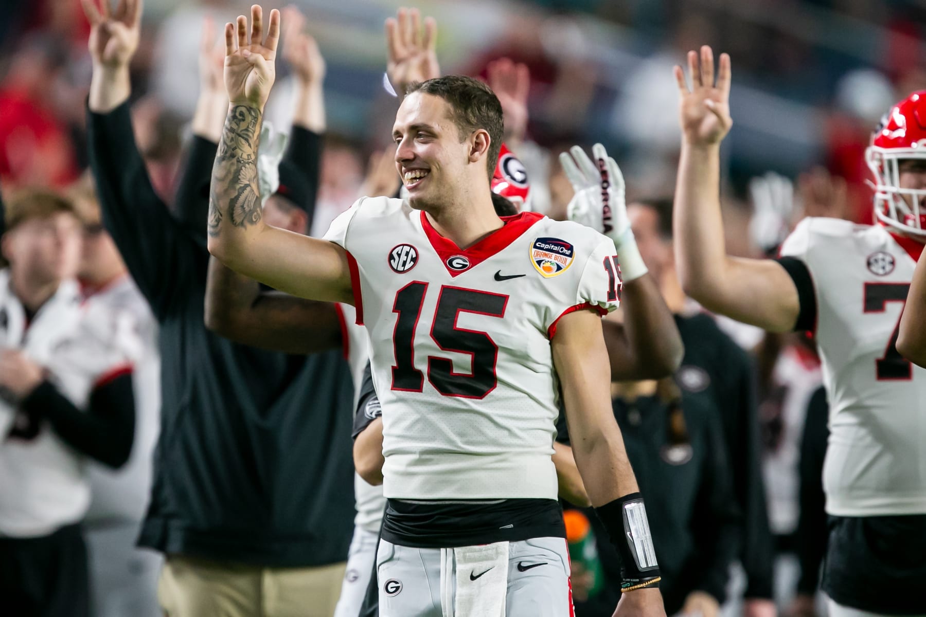 MIAMI GARDENS, FL - DECEMBER 30: Georgia quarterback Carson Beck (15) signals fourth quarter during the 90th Capital One Orange Bowl Game between the Florida State Seminoles and the Georgia Bulldogs on Saturday, December 30, 2023 at Hard Rock Stadium in Miami Gardens, FL.  (Photo by Nick Tre. Smith/Icon Sportswire via Getty Images)
