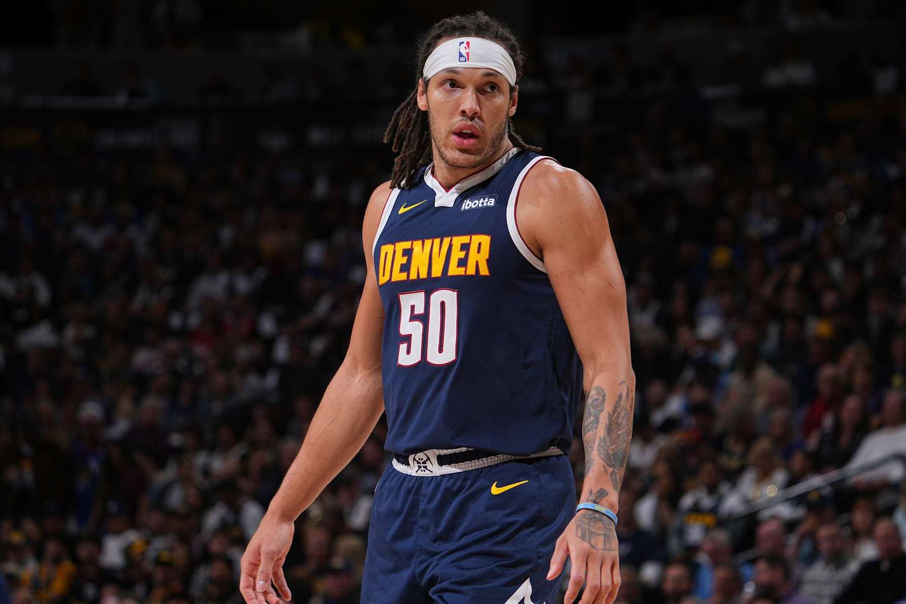 DENVER, CO - APRIL 29: Aaron Gordon #50 of the Denver Nuggets looks on during the game against the Los Angeles Lakers during Round One Game Five of the 2024 NBA Playoffs on April 29, 2024 at the Ball Arena in Denver, Colorado. NOTE TO USER: User expressly acknowledges and agrees that, by downloading and/or using this Photograph, user is consenting to the terms and conditions of the Getty Images License Agreement. Mandatory Copyright Notice: Copyright 2024 NBAE (Photo by Bart Young/NBAE via Getty Images)