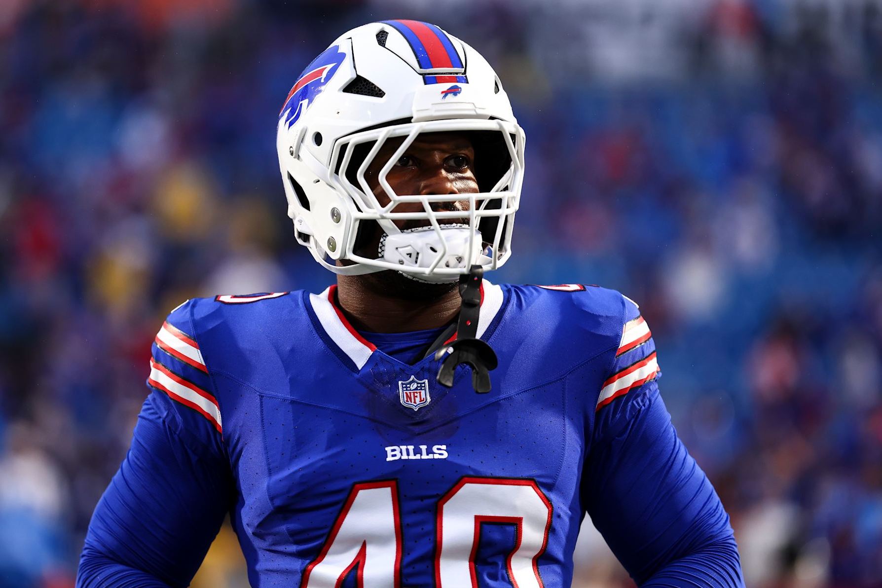ORCHARD PARK, NY - SEPTEMBER 23: Von Miller #40 of the Buffalo Bills stretches prior to an NFL football game against the Jacksonville Jaguars at Highmark Stadium on September 23, 2024 in Orchard Park, New York. (Photo by Kevin Sabitus/Getty Images)
