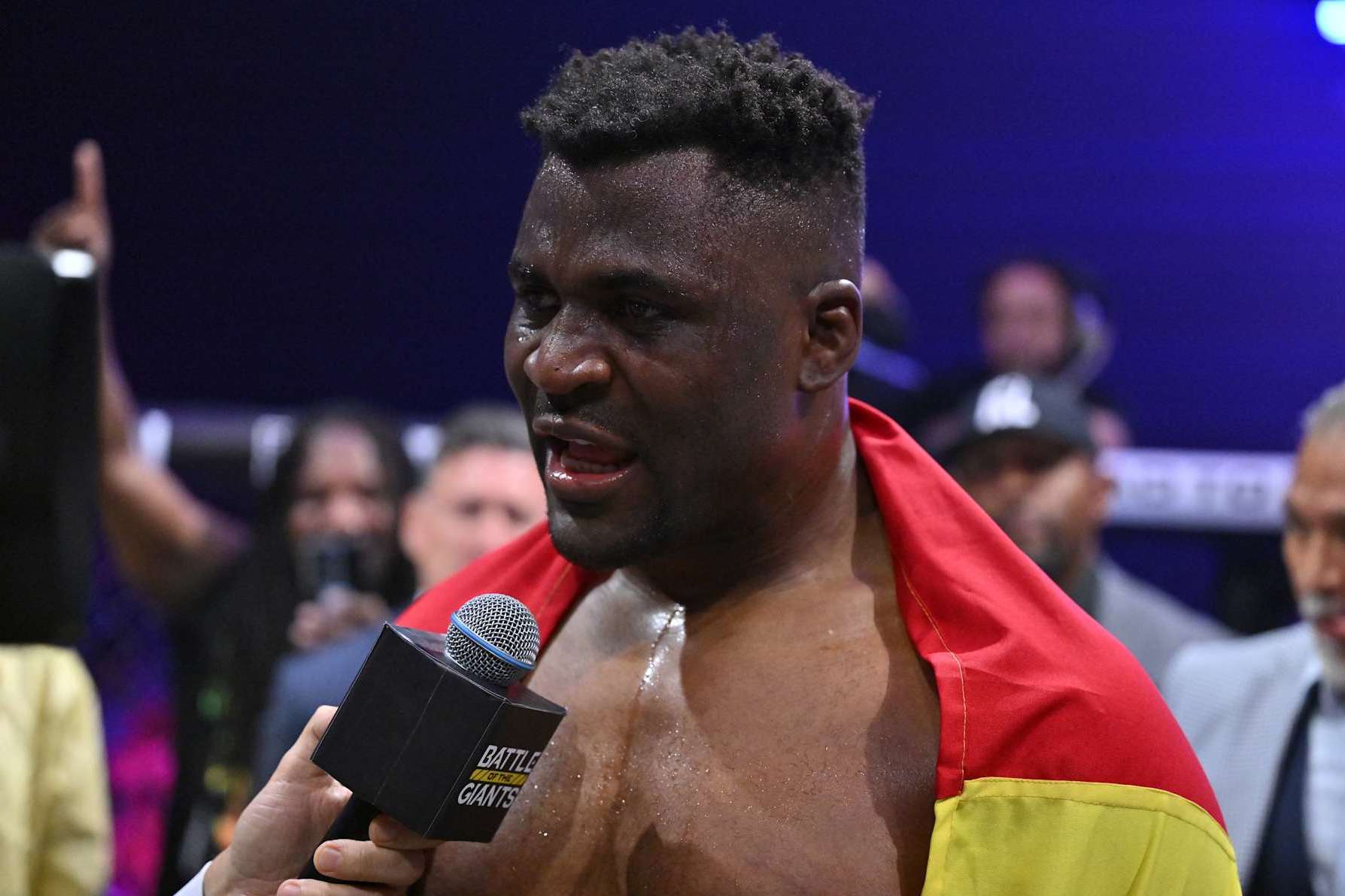 RIYADH, SAUDI ARABIA - OCTOBER 19:  Francis Ngannou of Cameroon defeats Renan Ferreira (not seen) of Brazil during a match organized by Professional Fighters League MENA in Riyadh, Saudi Arabia on October 19, 2024. (Photo by Mohammed Saad/Anadolu via Getty Images)