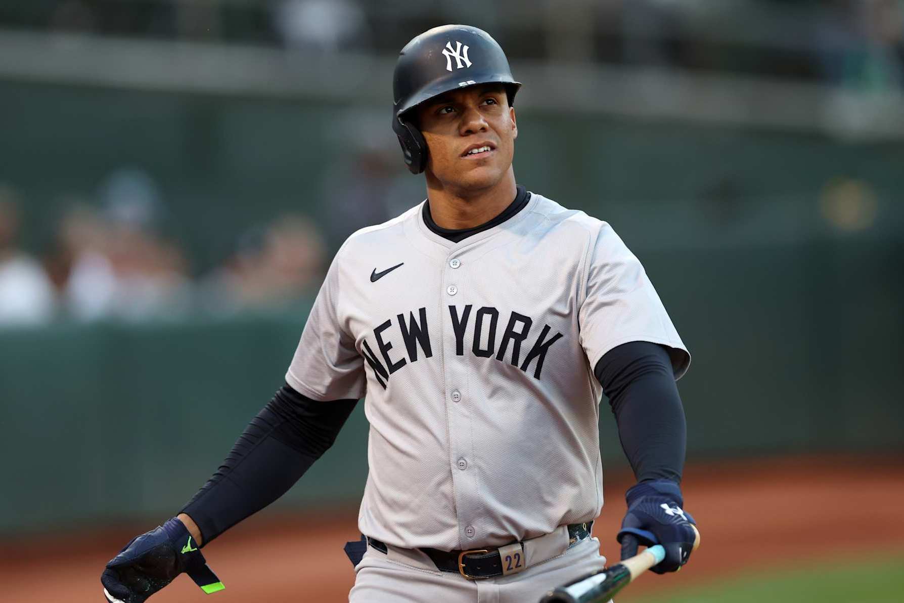 OAKLAND, CA - SEPTEMBER 21:  Juan Soto #22 of the New York Yankees looks on during the game against the Oakland Athletics at the Oakland Coliseum on September 21, 2024 in Oakland California. The Yankees defeated the Athletics 10-0. (Photo by Rob Leiter/MLB Photos via Getty Images)