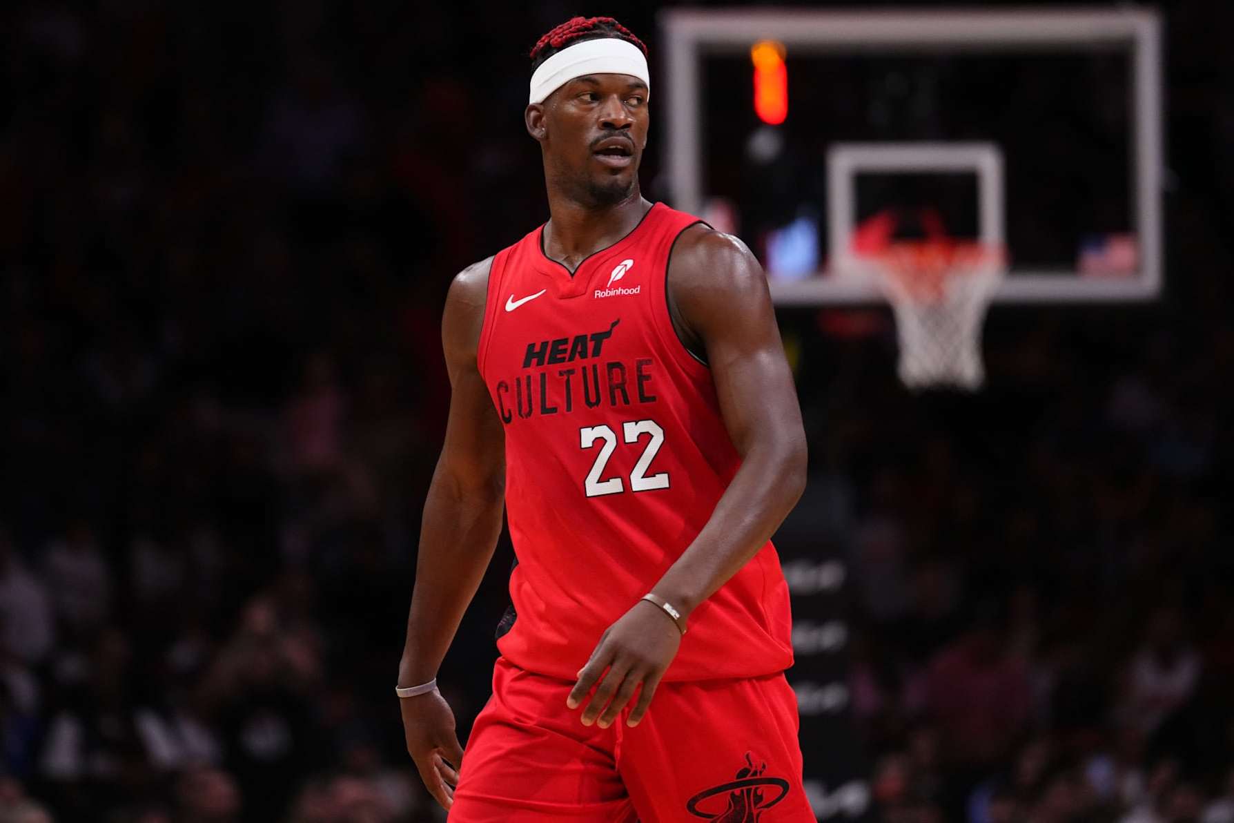 MIAMI, FLORIDA - NOVEMBER 24: Jimmy Butler #22 of the Miami Heat looks on against the Dallas Mavericks during overtime at Kaseya Center on November 24, 2024 in Miami, Florida. NOTE TO USER: User expressly acknowledges and agrees that, by downloading and or using this photograph, User is consenting to the terms and conditions of the Getty Images License Agreement. (Photo by Rich Storry/Getty Images)