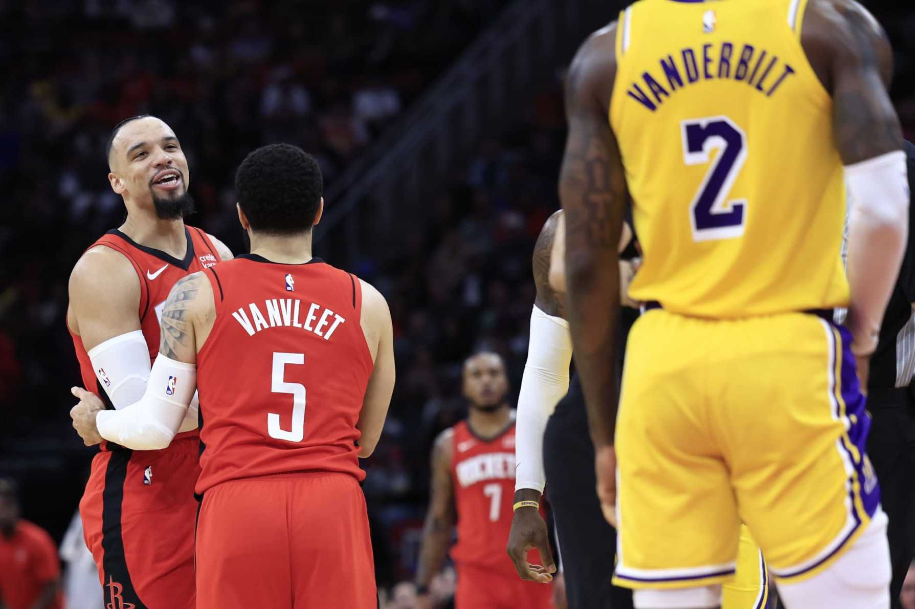 HOUSTON, TEXAS - JANUARY 29: Jarred Vanderbilt #2 of the Los Angeles Lakers is ejected following a flagrant foul against Dillon Brooks #9 of the Houston Rockets during the first half at Toyota Center on January 29, 2024 in Houston, Texas. NOTE TO USER: User expressly acknowledges and agrees that, by downloading and or using this photograph, User is consenting to the terms and conditions of the Getty Images License Agreement.  (Photo by Carmen Mandato/Getty Images)