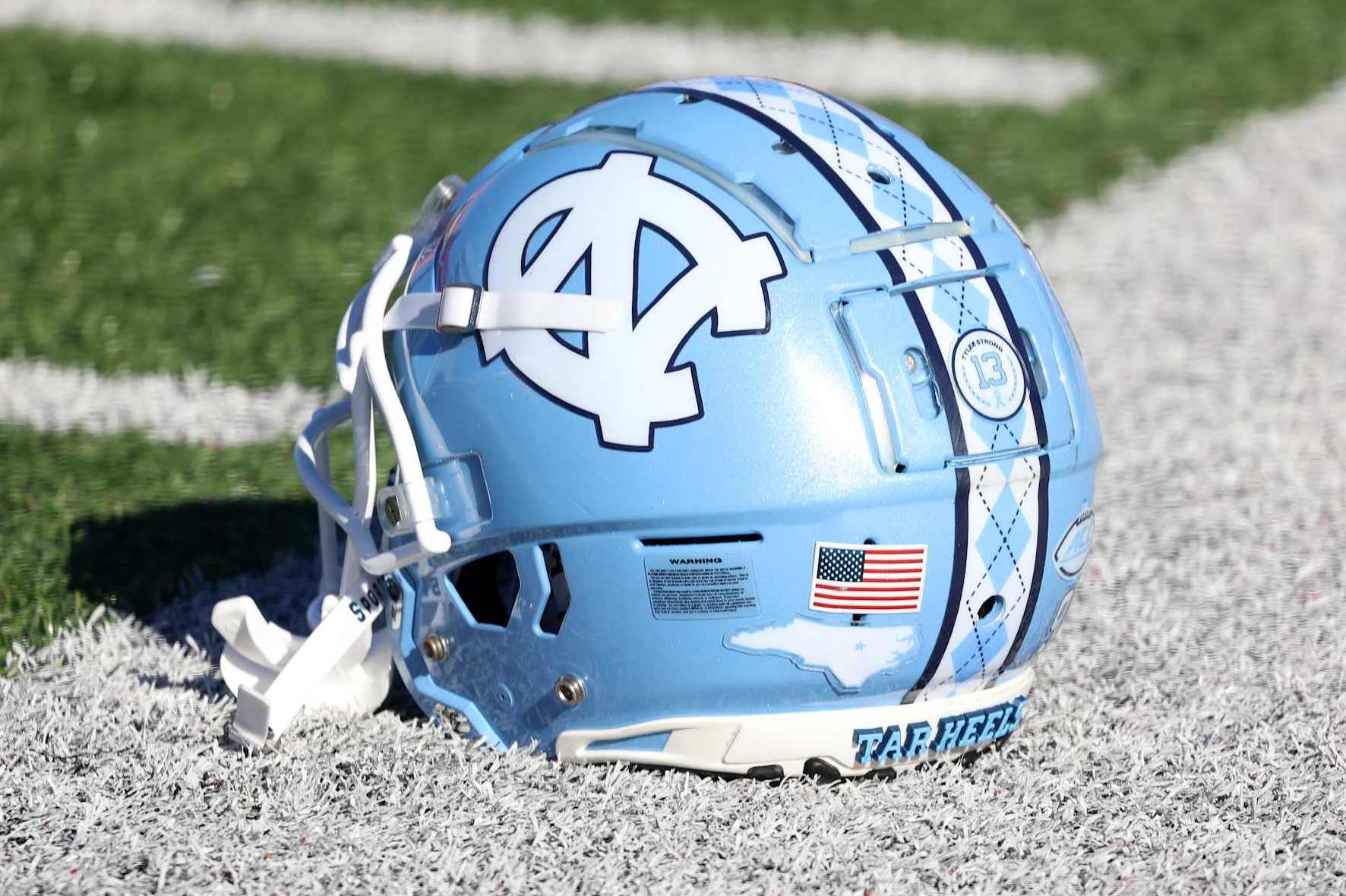 MOBILE, AL - JANUARY 31: A general view of a North Carolina Tar Heels helmet during the National team practice for the Reese's Senior Bowl on January 31, 2024 at Hancock Whitney Stadium in Mobile, Alabama.  (Photo by Michael Wade/Icon Sportswire via Getty Images)