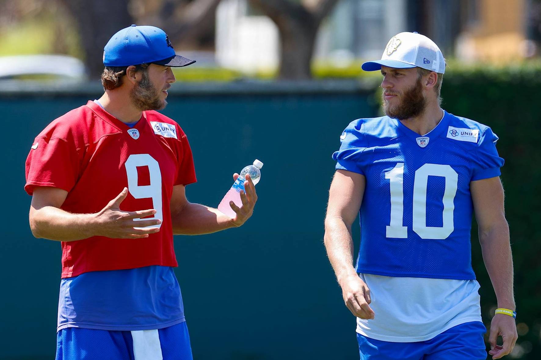 LOS ANGELES, CA - JULY 26: Los Angeles Rams quarterback Matthew Stafford (9) talks with wide receiver Cooper Kupp (10) during the team's training camp at Loyola Marymount University on July 26, 2024 in Los Angeles, CA. (Photo by Brandon Sloter/Icon Sportswire via Getty Images)