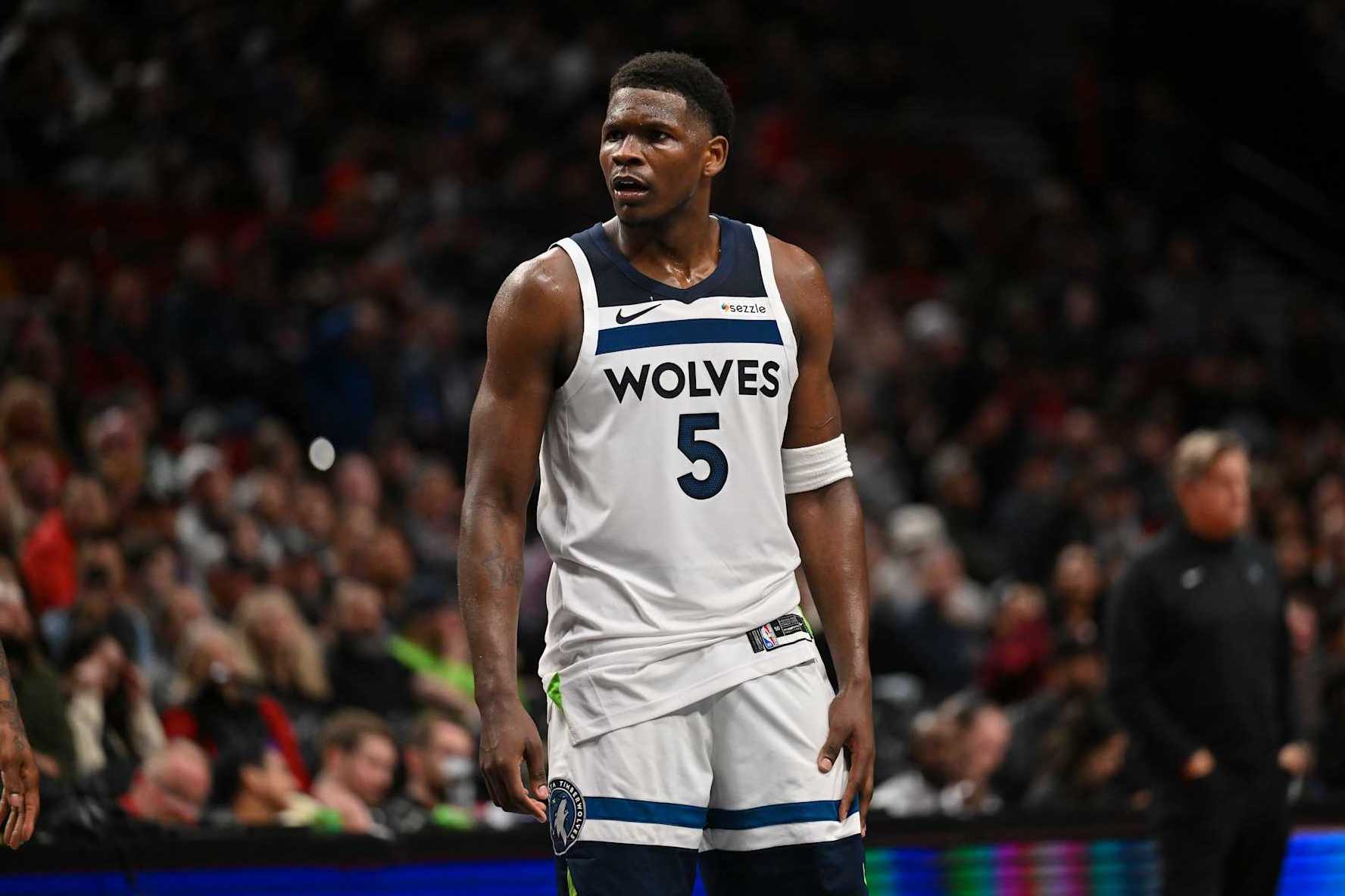 PORTLAND, OREGON - NOVEMBER 12: Anthony Edwards #5 of the Minnesota Timberwolves looks on during the fourth quarter of the Emirates NBA Cup game against the Portland Trail Blazers at Moda Center on November 12, 2024 in Portland, Oregon. The Portland Trail Blazers won 122-108. NOTE TO USER: User expressly acknowledges and agrees that, by downloading and or using this photograph, User is consenting to the terms and conditions of the Getty Images License Agreement. (Photo by Alika Jenner/Getty Images)