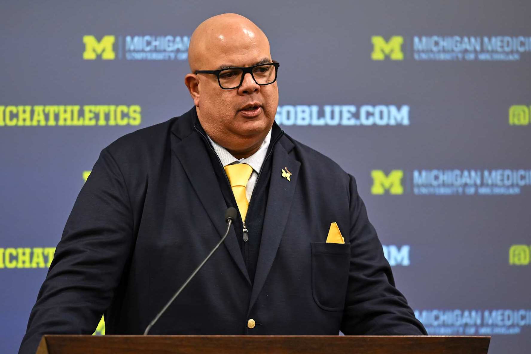 ANN ARBOR, MICHIGAN - MARCH 26: Athletic Director Warde Manuel of the University of Michigan speaks to the media during a press conference to introduce head men's basketball coach Dusty May at Junge Family Champions Center on March 26, 2024 in Ann Arbor, Michigan. (Photo by Luke Hales/Getty Images)