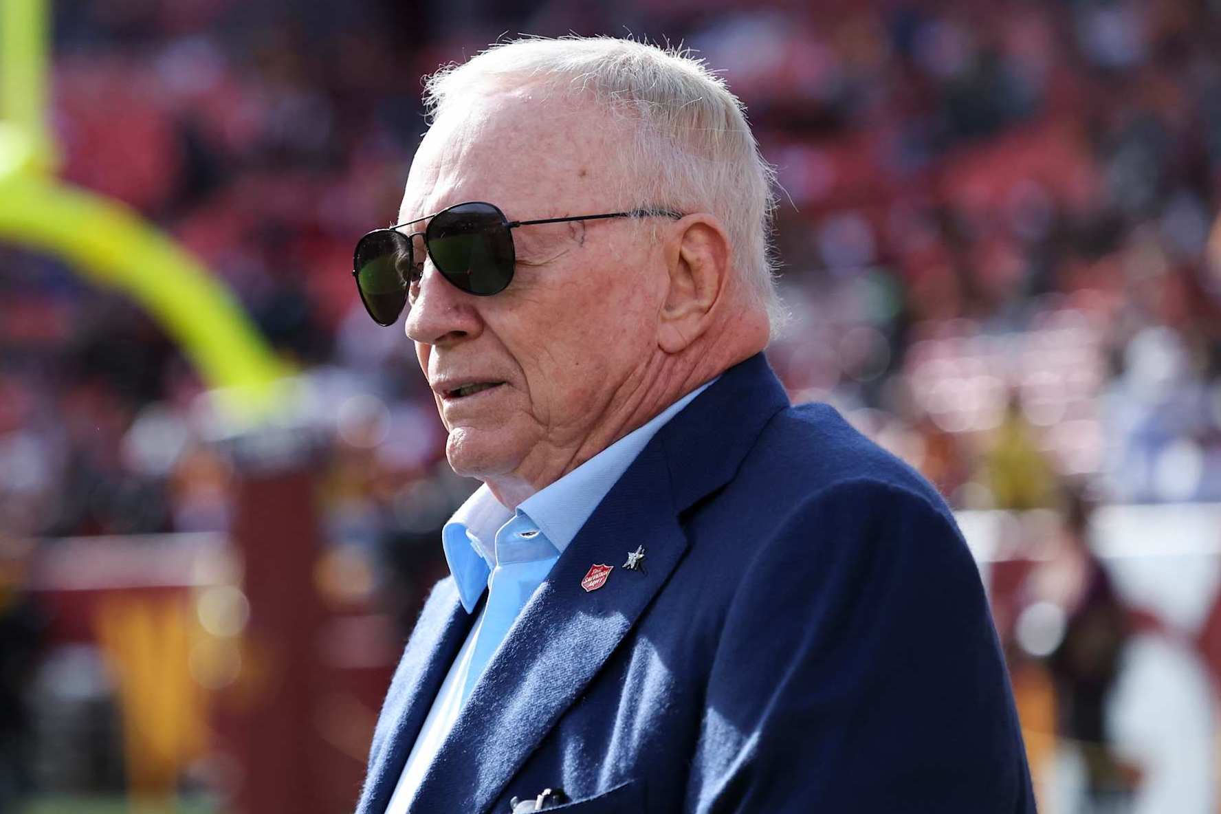 LANDOVER, MARYLAND - NOVEMBER 24: Jerry Jones, owner of the Dallas Cowboys, is seen on the field prior to a game against the Washington Commanders at Northwest Stadium on November 24, 2024 in Landover, Maryland. The Cowboys defeated the Commanders 34-26. (Kara Durrette/Getty Images)