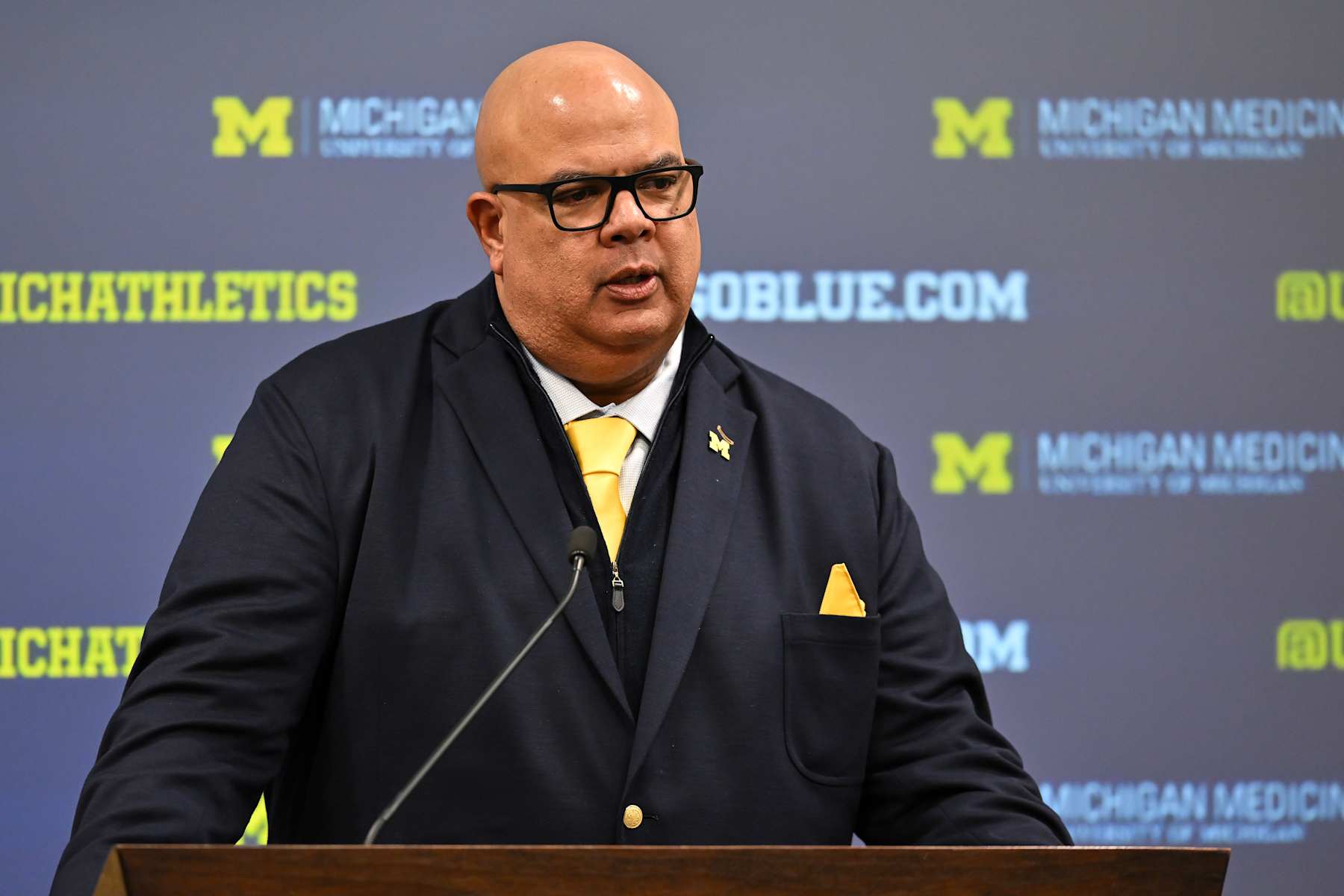 Football ANN ARBOR, MICHIGAN - MARCH 26: Athletic Director Warde Manuel of the University of Michigan speaks to the media during a press conference to introduce head men's basketball coach Dusty May at Junge Family Champions Center on March 26, 2024 in Ann Arbor, Michigan. (Photo by Luke Hales/Getty Images)