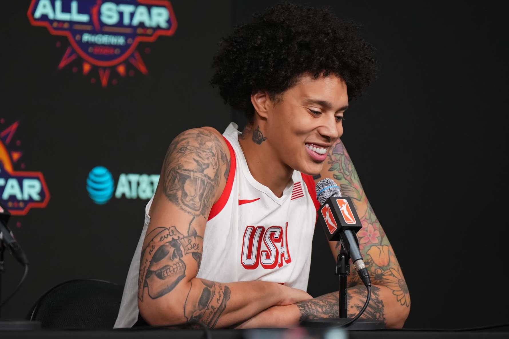 PHOENIX, AZ - JULY 20: Brittney Griner #15 of the USA Basketball Women's National Team talks to the media before the game against Team WNBA during the 2024 WNBA All Star Game on July 20, 2024 at Footprint Center in Phoenix, Arizona. NOTE TO USER: User expressly acknowledges and agrees that, by downloading and or using this photograph, user is consenting to the terms and conditions of the Getty Images License Agreement. Mandatory Copyright Notice: Copyright 2024 NBAE (Photo by Catalina Fragoso/NBAE via Getty Images)