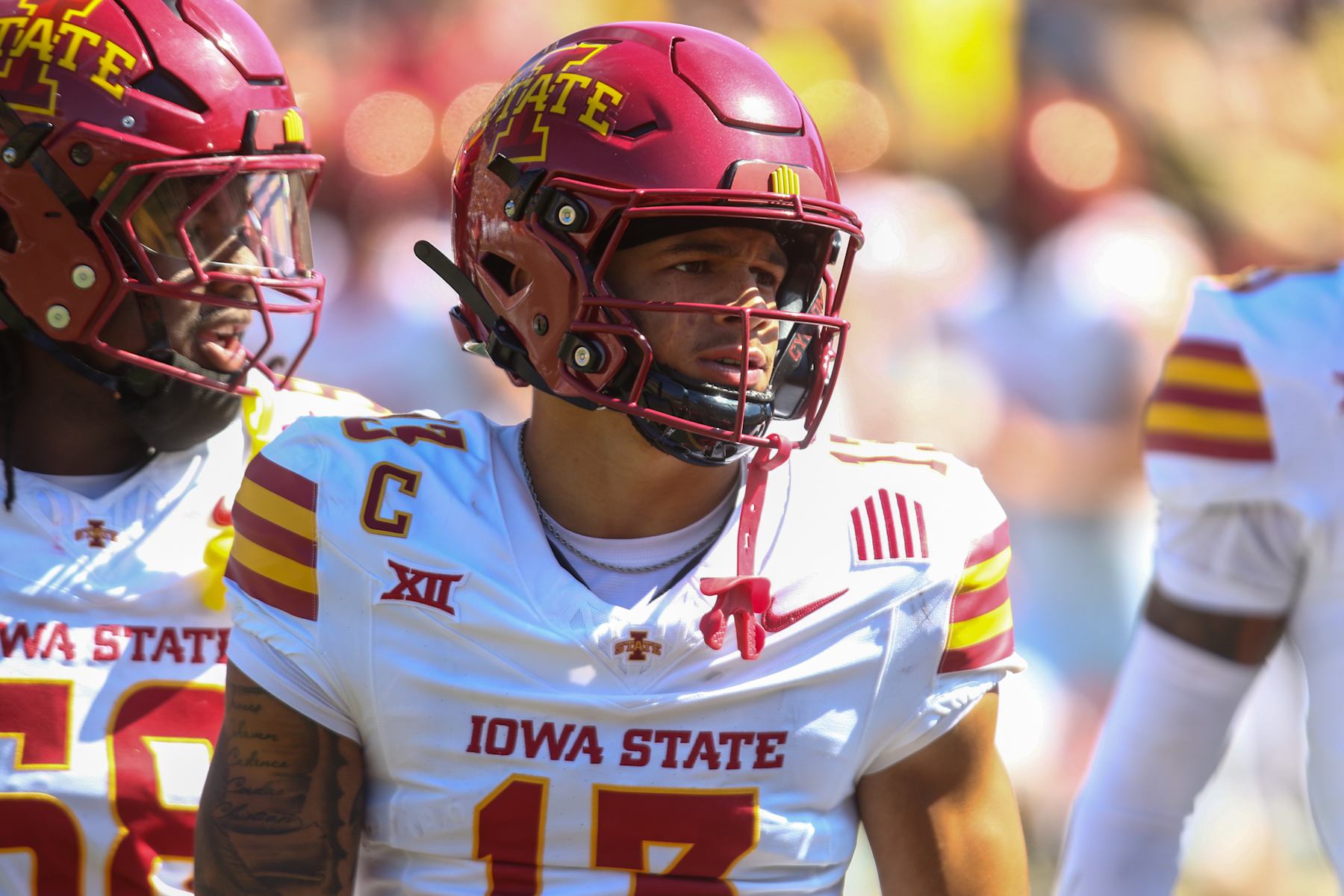 IOWA CITY, IOWA- SEPTEMBER 7:  Wide receiver Jaylin Noel #13 of the Iowa State Cyclones during warmups before the match-up against the Iowa Hawkeyes at Kinnick Stadium on September 7, 2024 in Iowa City, Iowa.  (Photo by Matthew Holst/Getty Images)