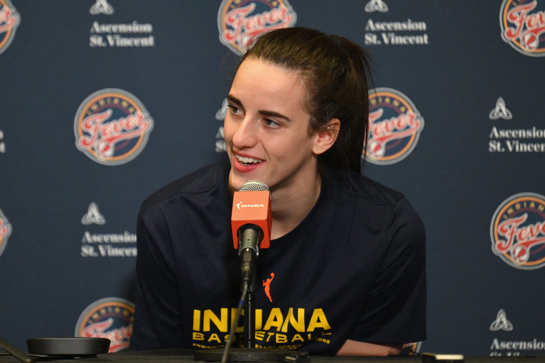 Indiana Fever guard #22 Caitlin Clark speaks during a press conference before a WNBA game between the Indiana Fever and New York Liberty, at the Barclays Center in Brooklyn on May 18, 2024, in New York City. (Photo by ANGELA WEISS / AFP) (Photo by ANGELA WEISS/AFP via Getty Images)