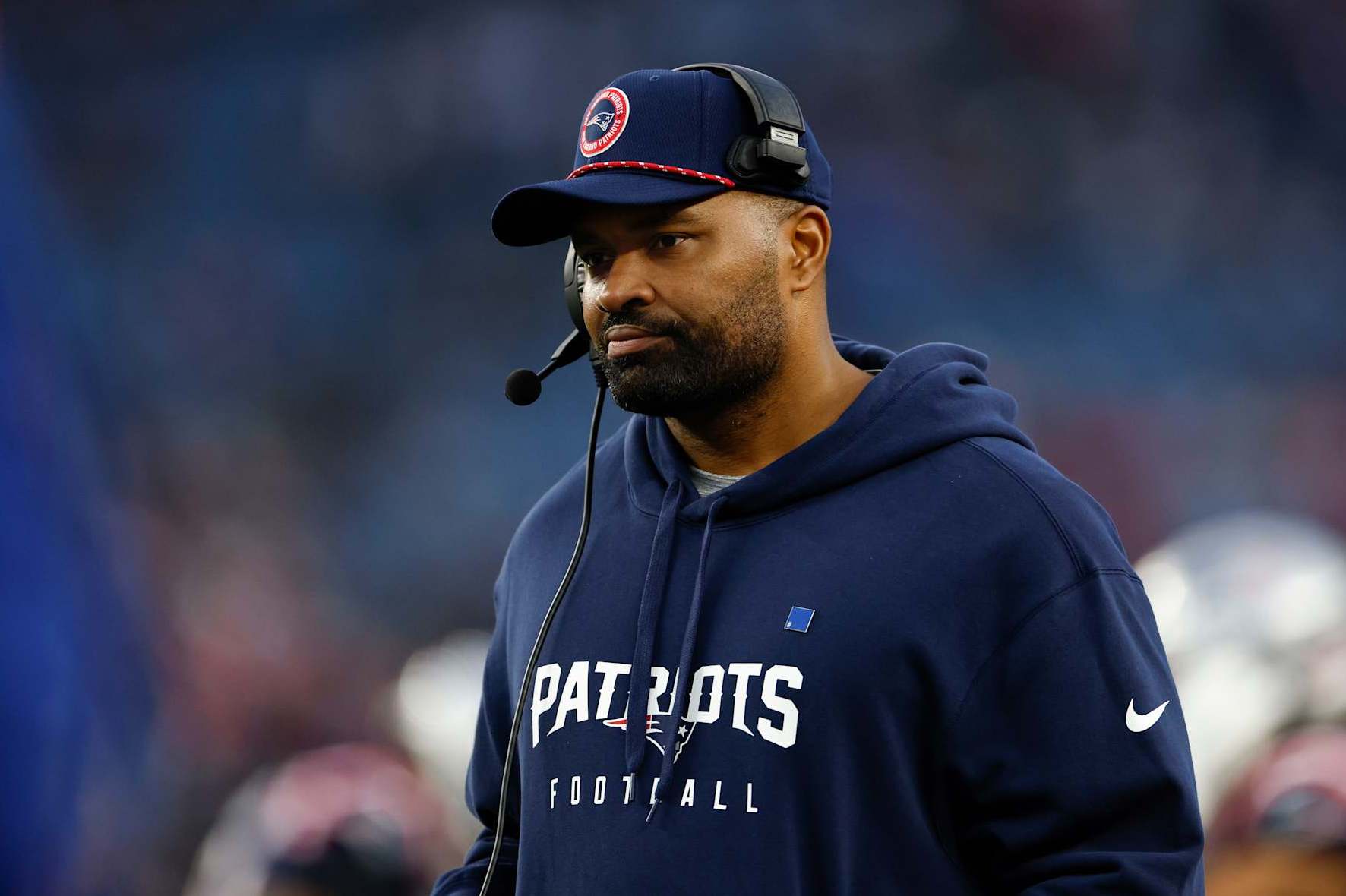 Foxborough, MA - December 28: New England Patriots head coach Jerod Mayo on the sideline late in the fourth quarter during the Patriots' loss to the Los Angeles Chargers at Gillette Stadium. (Photo by Danielle Parhizkaran/The Boston Globe via Getty Images)