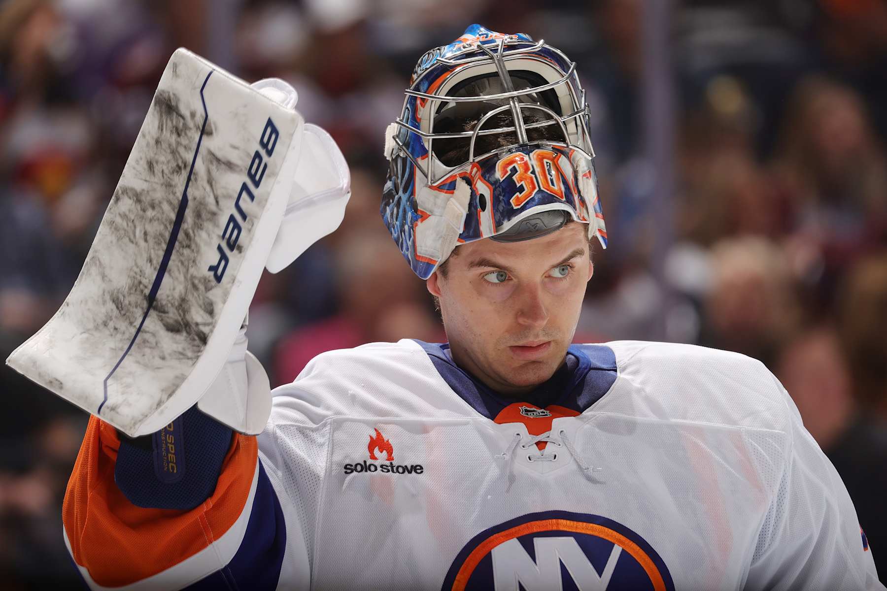 DENVER, COLORADO - OCTOBER 14: Goaltender Ilya Sorokin #30 of the New York Islanders skates in the first period against the Colorado Avalanche at Ball Arena on October 14, 2024 in Denver, Colorado. (Photo by Michael Martin/NHLI via Getty Images)
