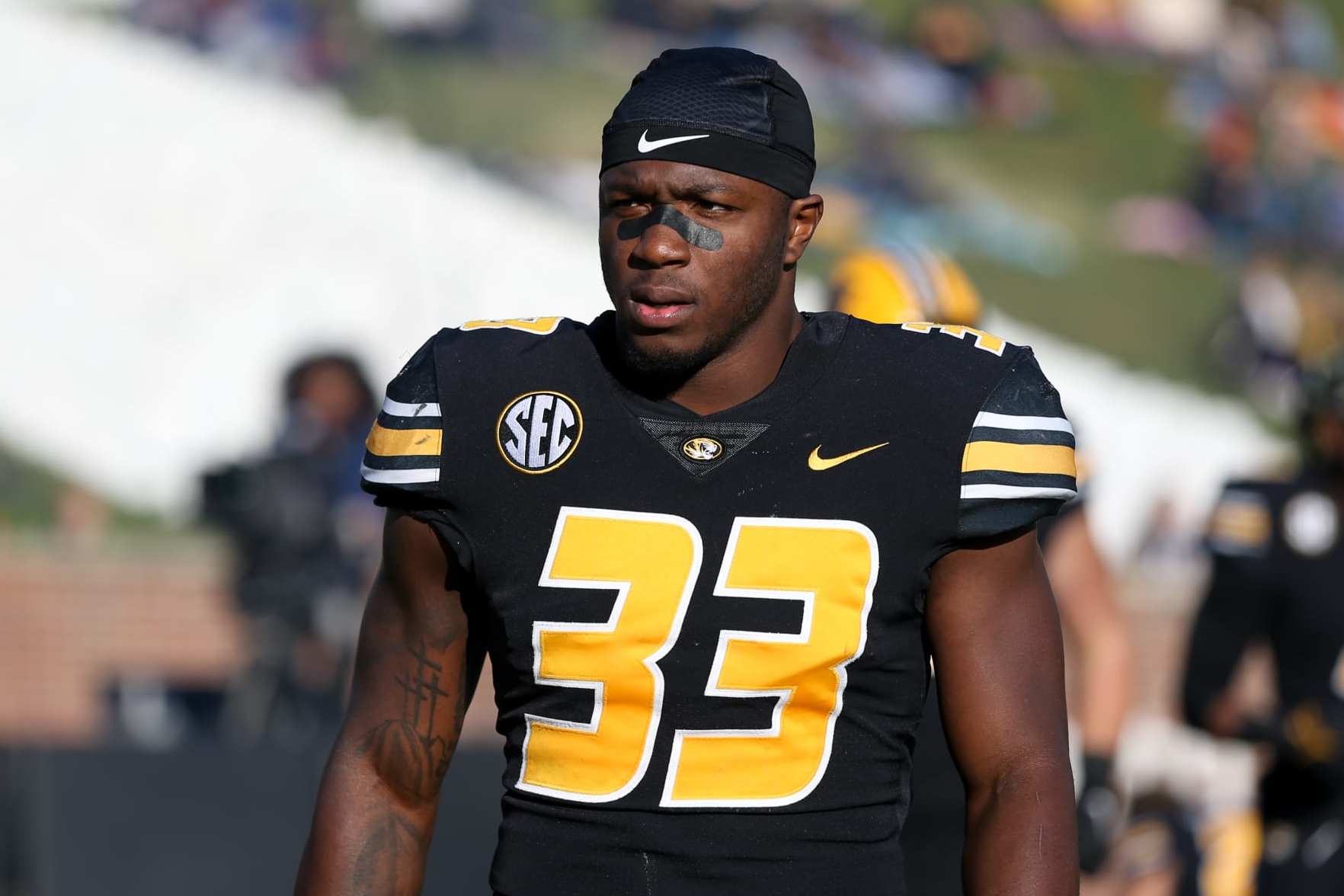 COLUMBIA, MO - NOVEMBER 13: Missouri Tigers linebacker Chad Bailey (33) before an SEC football game between the South Carolina Gamecocks and Missouri Tigers on Nov 13, 2021 at Memorial Stadium in Columbia, MO.  (Photo by Scott Winters/Icon Sportswire via Getty Images)