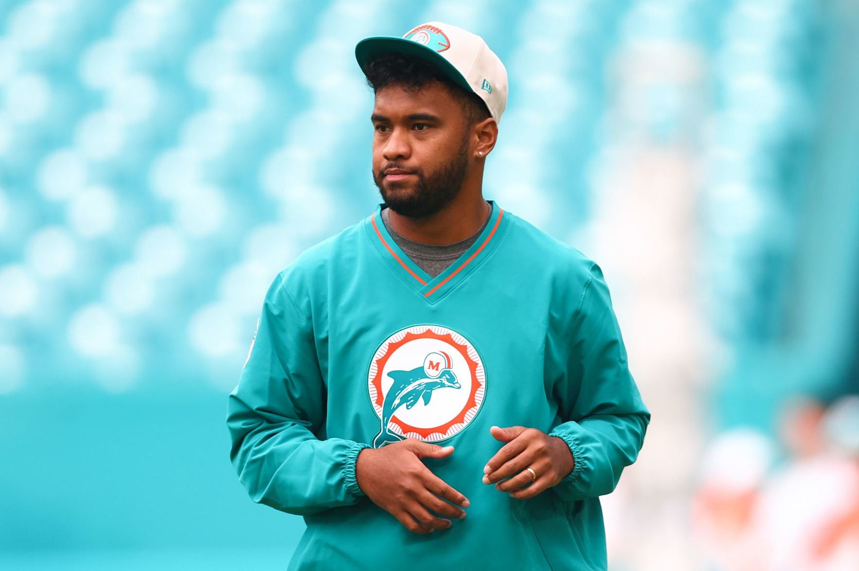 MIAMI GARDENS, FLORIDA - SEPTEMBER 12: Tua Tagovailoa #1 of the Miami Dolphins warms up prior to a game against the Buffalo Bills at Hard Rock Stadium on September 12, 2024 in Miami Gardens, Florida. (Photo by Megan Briggs/Getty Images)