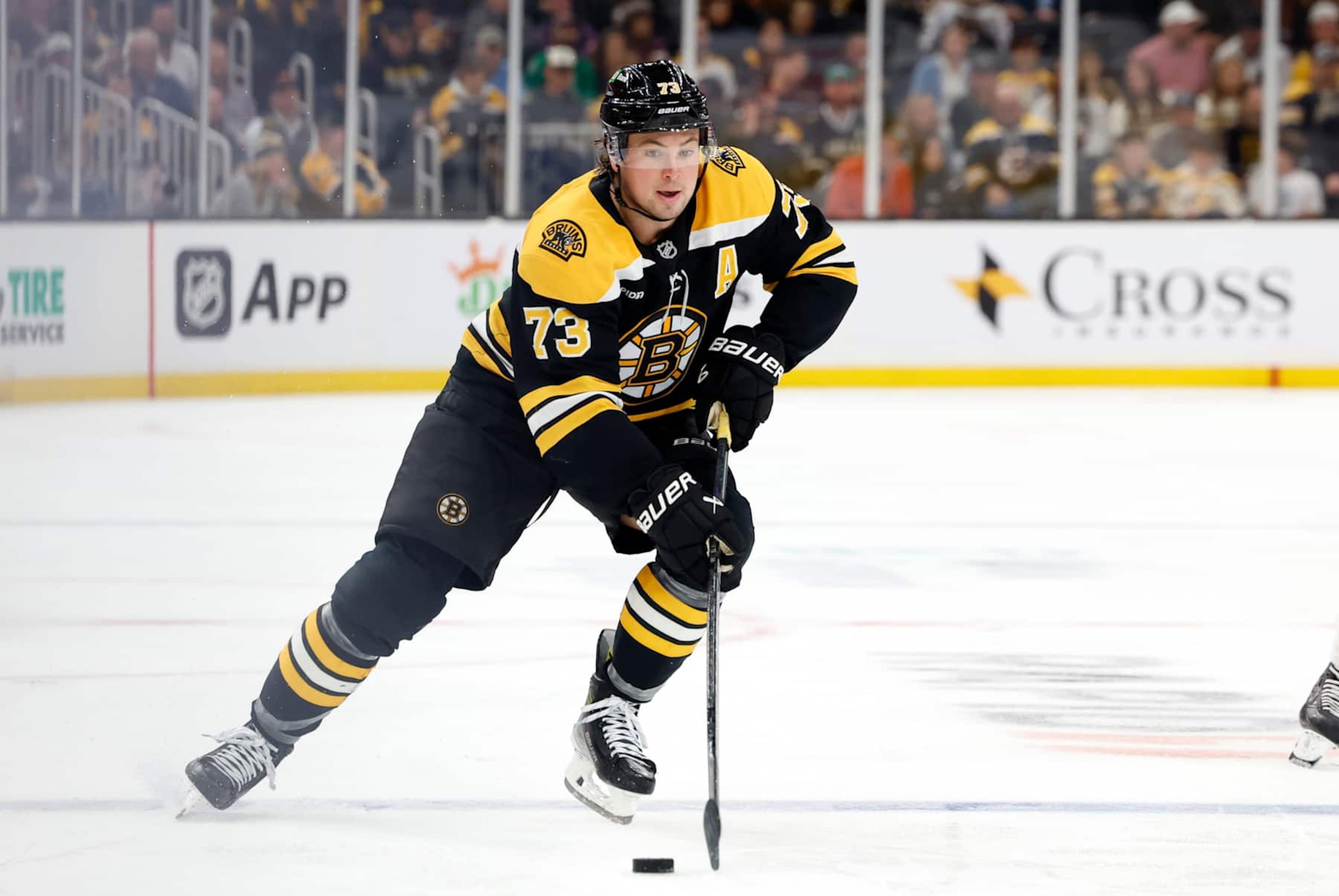 BOSTON, MA - OCTOBER 24: Boston Bruins right defenseman Charlie McAvoy (73) gains the blue line during a game between the Boston Bruins and the Dallas Stars on October 24, 2024, at TD Garden in Boston, Massachusetts. (Photo by Fred Kfoury III/Icon Sportswire via Getty Images)