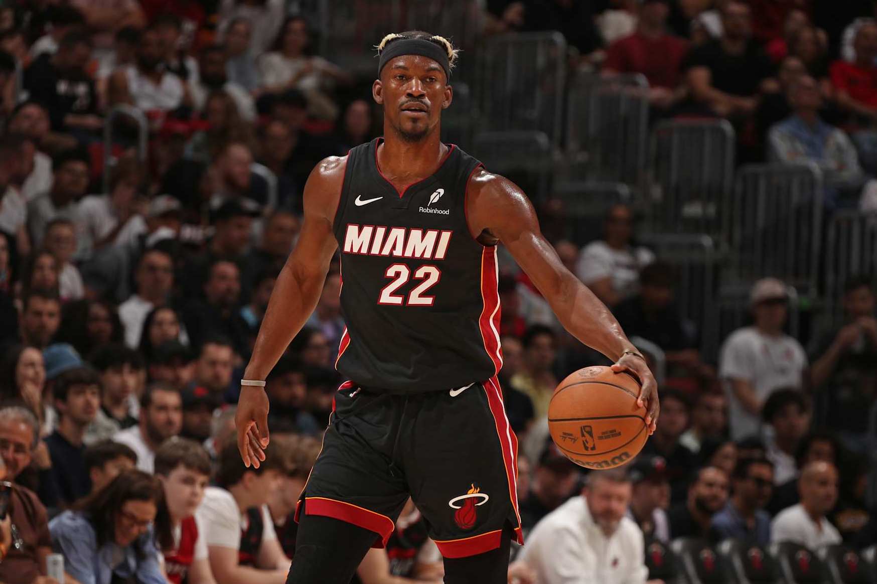 MIAMI, FL - JANUARY 19: Jimmy Butler #22 of the Miami Heat dribbles the ball during the game against the San Antonio Spurs on January 19, 2025 at Kaseya Center in Miami, Florida. NOTE TO USER: User expressly acknowledges and agrees that, by downloading and or using this Photograph, user is consenting to the terms and conditions of the Getty Images License Agreement. Mandatory Copyright Notice: Copyright 2025 NBAE (Photo by Issac Baldizon/NBAE via Getty Images)