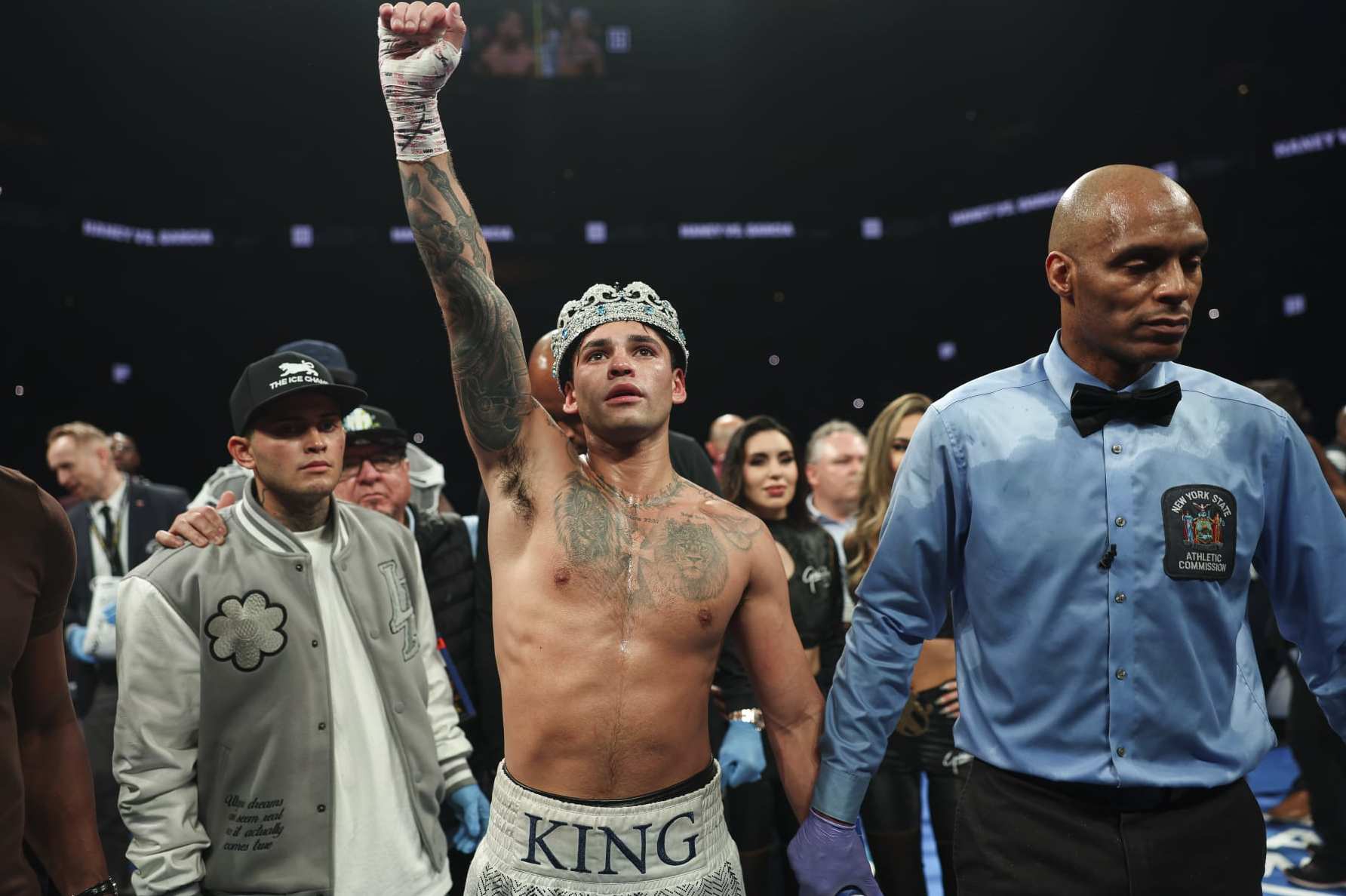 NEW YORK, NEW YORK - APRIL 20: Ryan Garcia celebrates after defeating Devin Haney in a fight at Barclays Center on April 20, 2024 in New York City.  (Photo by Cris Esqueda/Golden Boy/Getty Images)