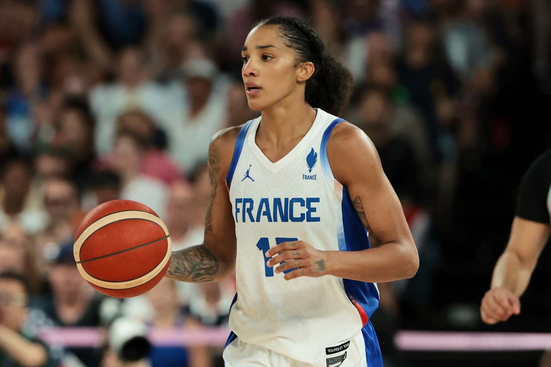PARIS, FRANCE - AUGUST 11: Gabby Williams #15 of Team France during the Basketball Women's Gold Medal game between Team France and Team United States on day sixteen of the Olympic Games Paris 2024 at Bercy Arena on August 11, 2024 in Paris, France. (Photo by Jean Catuffe/Getty Images)