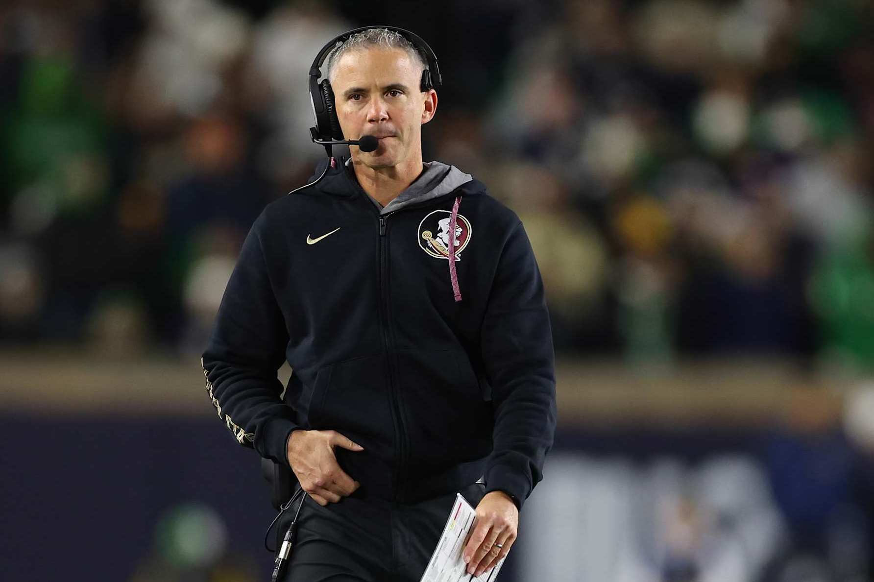 SOUTH BEND, INDIANA - NOVEMBER 09: Head coach Mike Norvell of the Florida State Seminoles looks on against the Notre Dame Fighting Irish during the first half at Notre Dame Stadium on November 09, 2024 in South Bend, Indiana. (Photo by Michael Reaves/Getty Images)