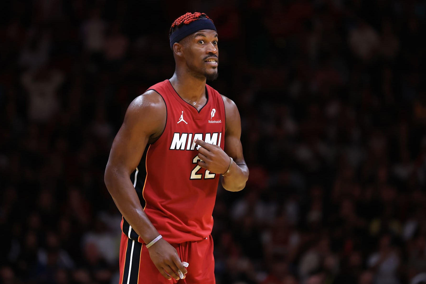 MIAMI, FLORIDA - NOVEMBER 26: Jimmy Butler #22 of the Miami Heat reacts against the Milwaukee Bucks during the fourth quarter of the Emirates NBA Cup at Kaseya Center on November 26, 2024 in Miami, Florida. NOTE TO USER: User expressly acknowledges and agrees that, by downloading and or using this photograph, User is consenting to the terms and conditions of the Getty Images License Agreement. (Photo by Megan Briggs/Getty Images)