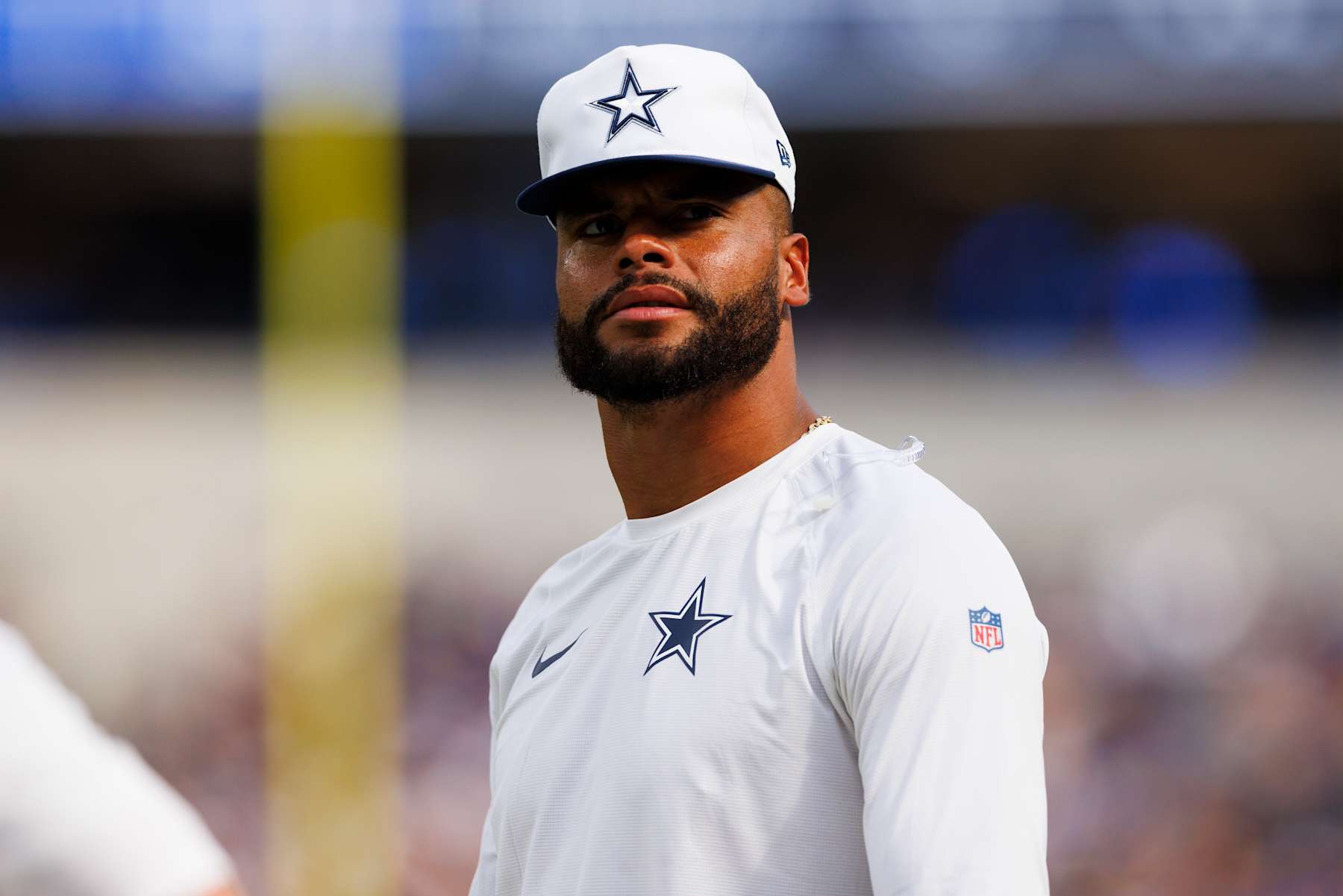 INGLEWOOD, CALIFORNIA - AUGUST 11: Dak Prescott #4 of the Dallas Cowboys reacts on the sideline during a preseason game against the Los Angeles Rams at SoFi Stadium on August 11, 2024 in Inglewood, California. (Photo by Ric Tapia/Getty Images)