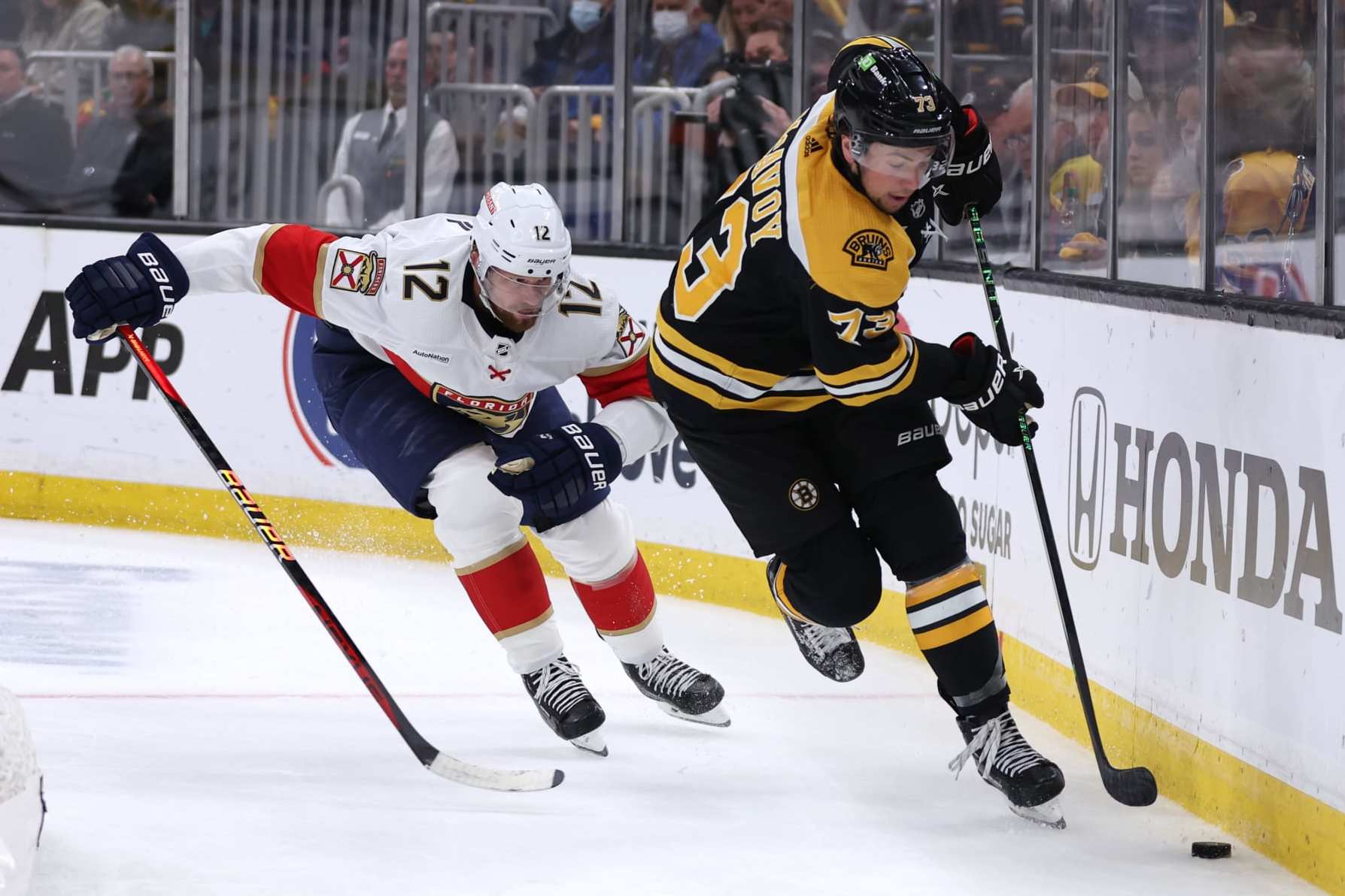 BOSTON, MASSACHUSETTS - APRIL 30: Charlie McAvoy #73 of the Boston Bruins skates against Eric Staal #12 of the Florida Panthers during the first period in Game Seven of the First Round of the 2023 Stanley Cup Playoffs at TD Garden on April 30, 2023 in Boston, Massachusetts. (Photo by Maddie Meyer/Getty Images)