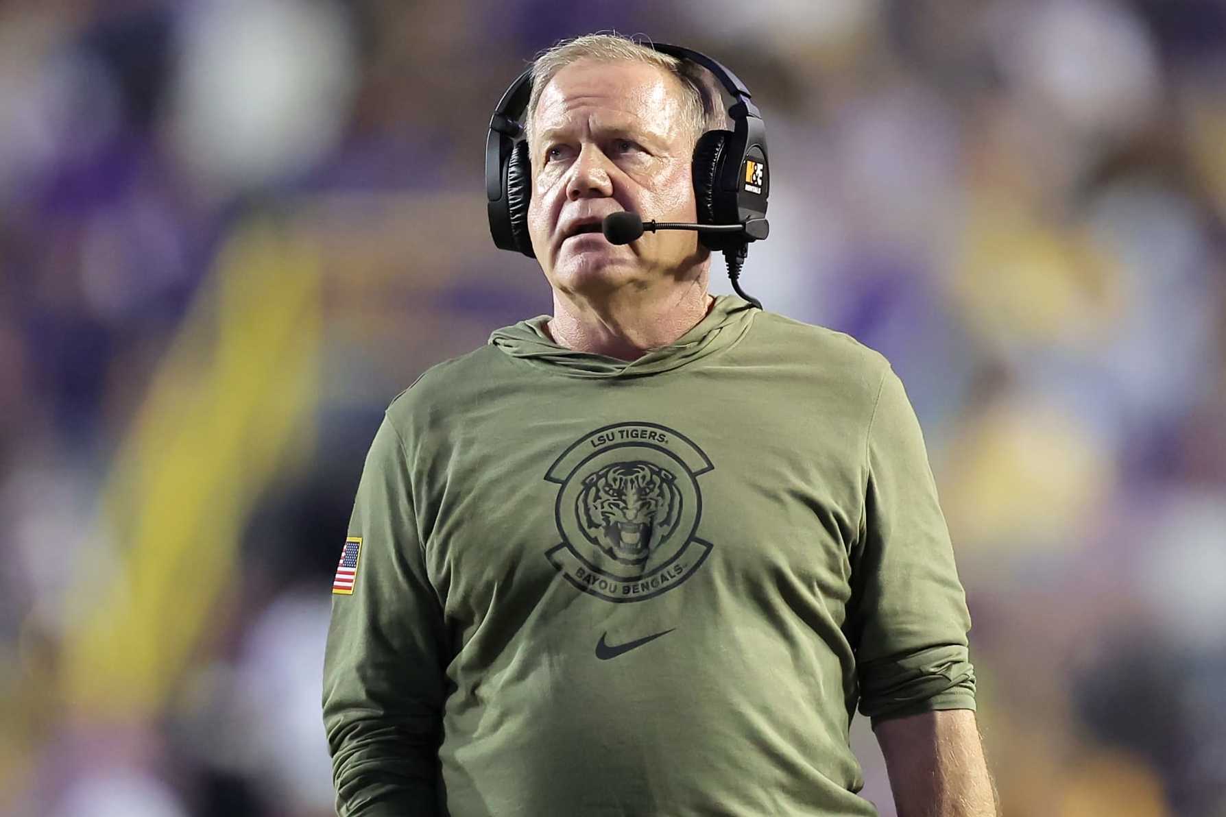 BATON ROUGE, LOUISIANA - NOVEMBER 11: Head coach Brian Kelly of the LSU Tigers reacts against the Florida Gators during a game at Tiger Stadium on November 11, 2023 in Baton Rouge, Louisiana. (Photo by Jonathan Bachman/Getty Images)