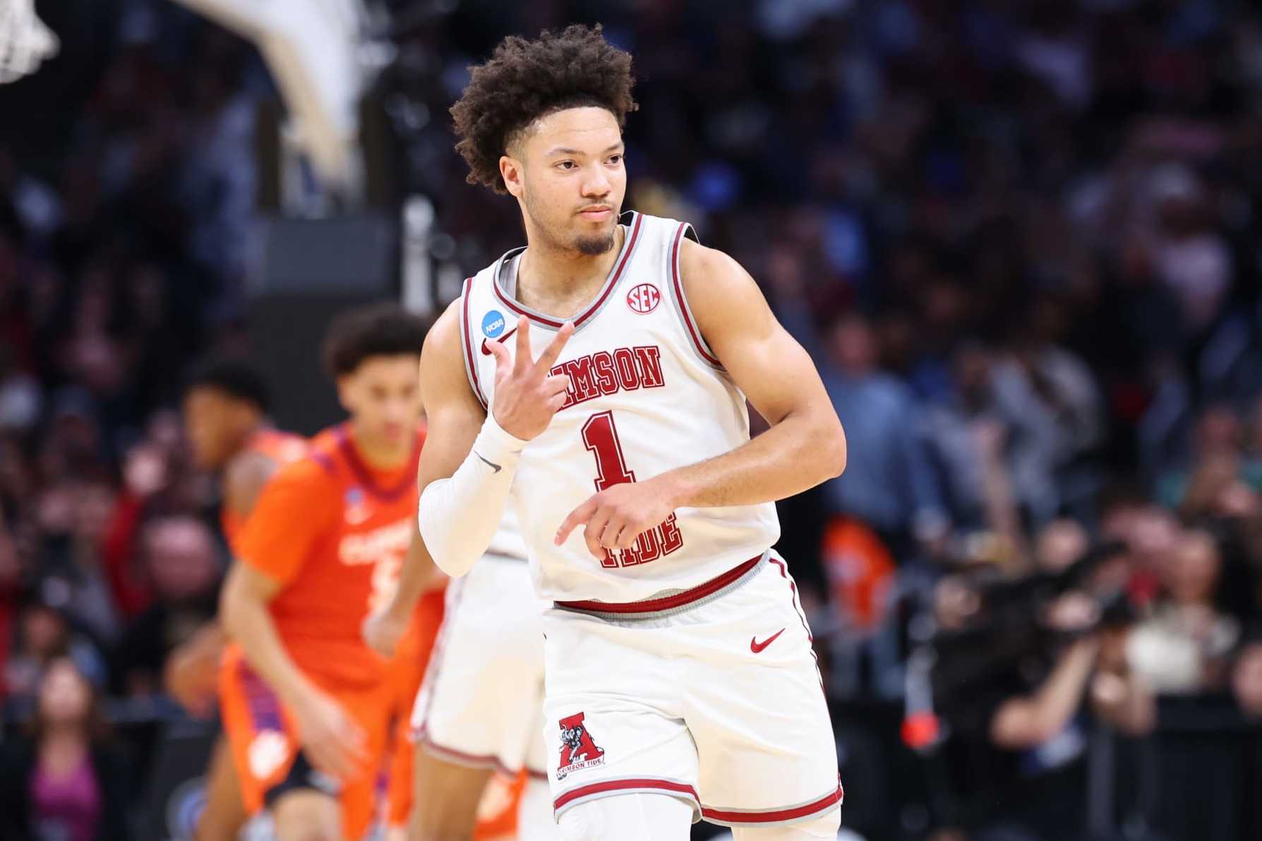 LOS ANGELES, CALIFORNIA - MARCH 30: Mark Sears #1 of the Alabama Crimson Tide celebrates against the Clemson Tigers during the Elite Eight round of the 2024 NCAA Men's Basketball Tournament held at Crypto.com Arena on March 30, 2024 in Los Angeles, California. (Photo by C. Morgan Engel/NCAA Photos via Getty Images)
